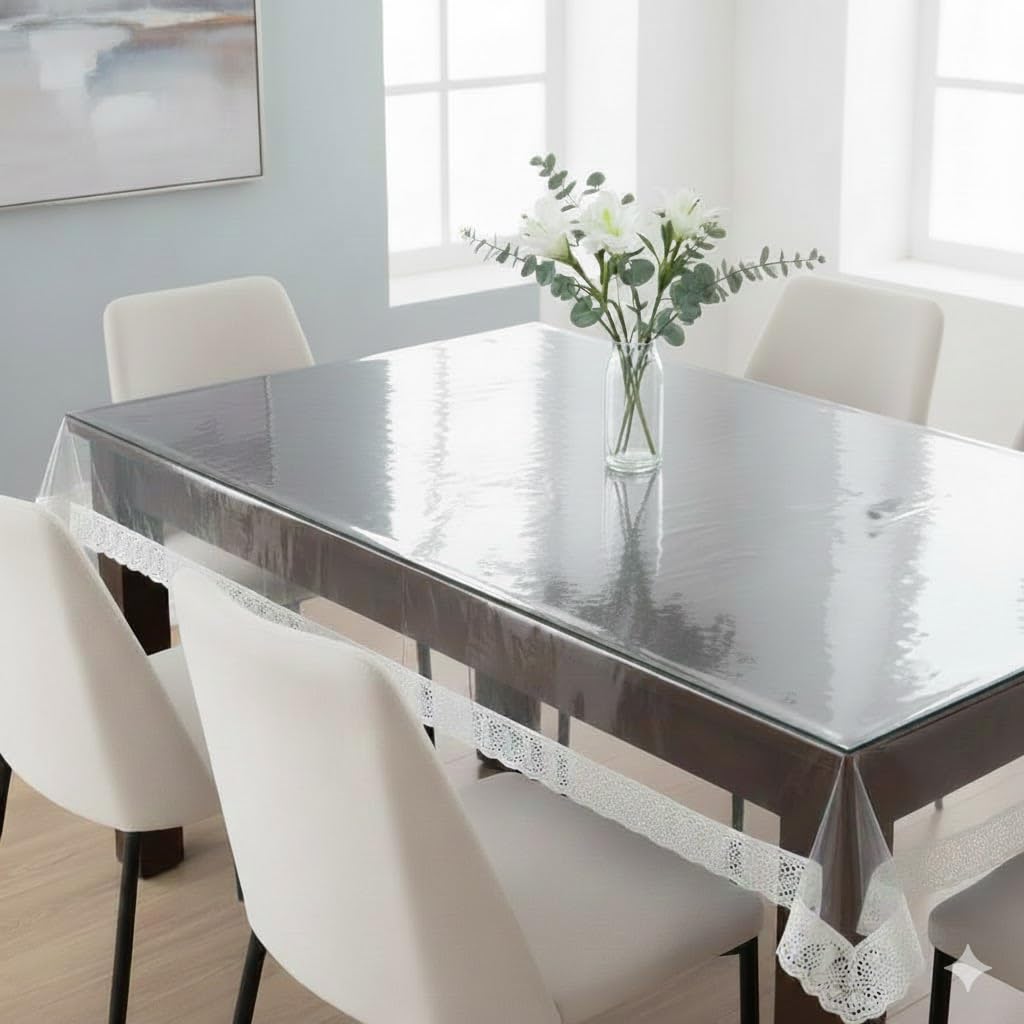 CASANEST PVC PVC Transparent Rectangular 68 Seater Centre Table Cover with White Border (60 X 90 Inch) (Width X Length), Trans