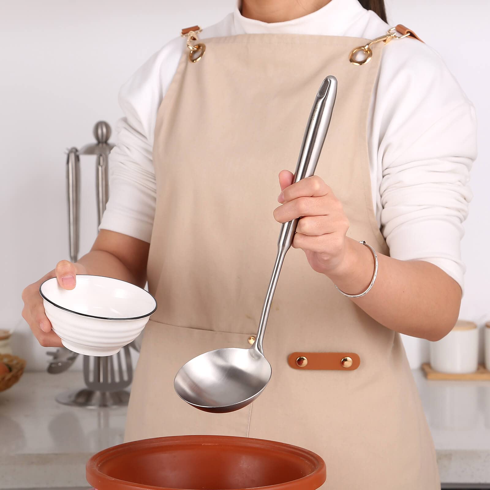 304 Stainless Steel Kitchen Utensils Set, 6 Pcs Metal Professional Cooking Spoons, Kitchen Tools - Wok Spatula, Ladle, Skimmer S