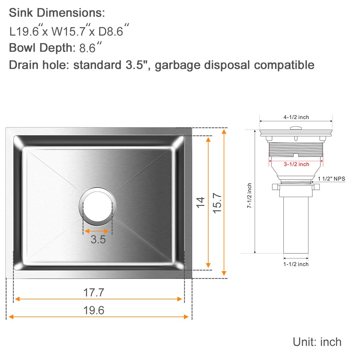 Rovate 19.6-Inch Undermount Kitchen Sink Single Bowl, 304 Stainless Steel Kitchen Sink, Small Kitchen Bar Prep Sink