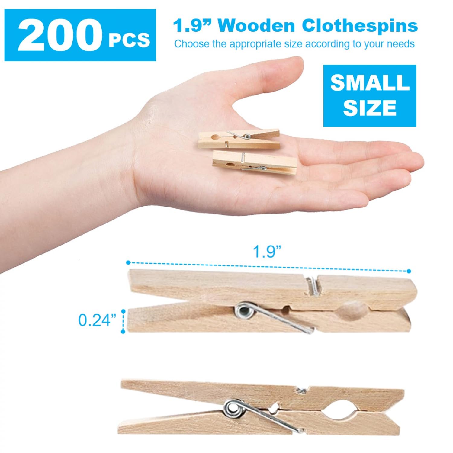 Senseyo 200 Pcs 1.9 Inch Wooden Clothespins Clips For Hanging Clothes, Craft, Home