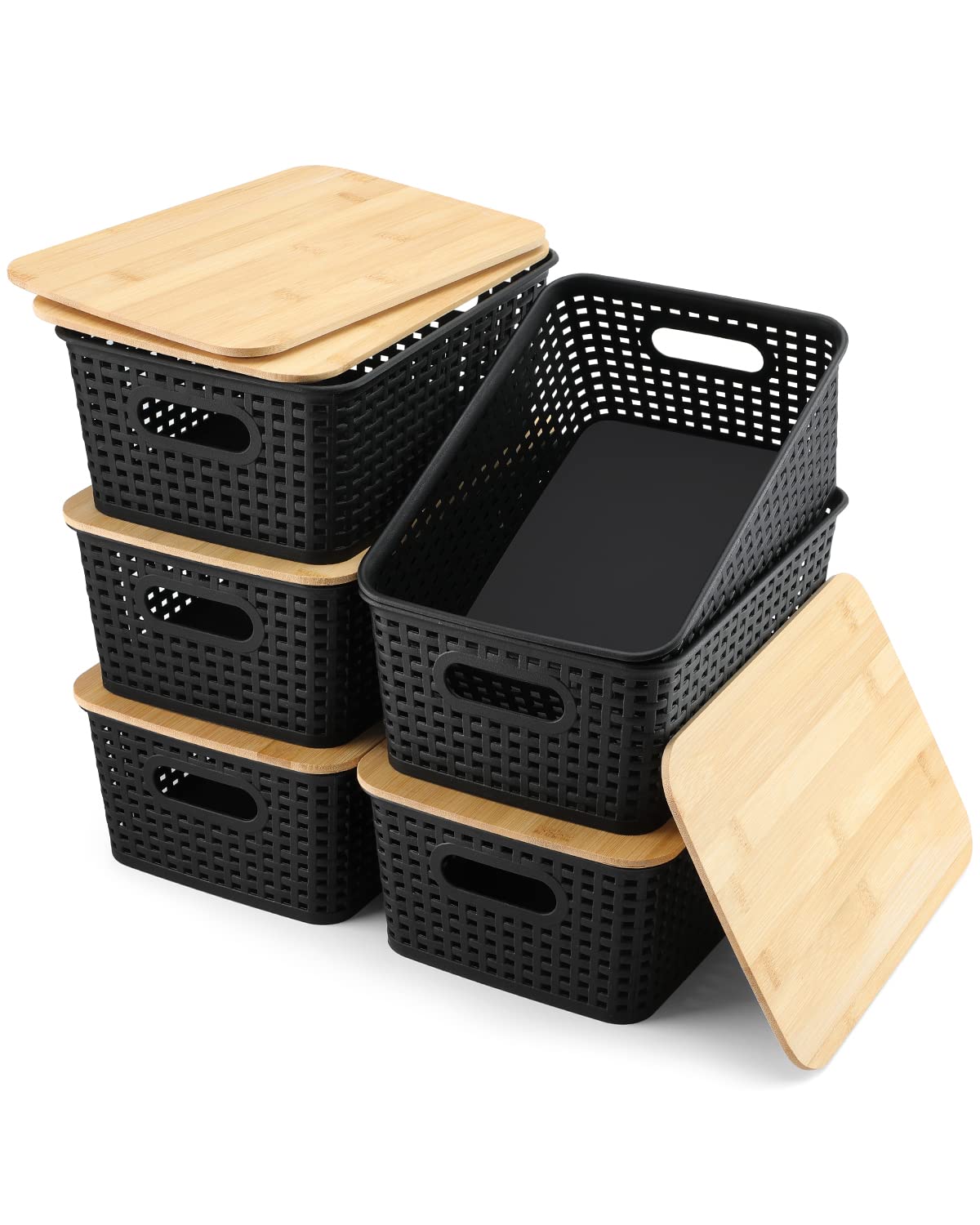 Eoenvivs Storage Bins With Lids 6 Pack, Plastic Storage Bins With Bamboo Lids For Pantry Organization And Storage Containers For