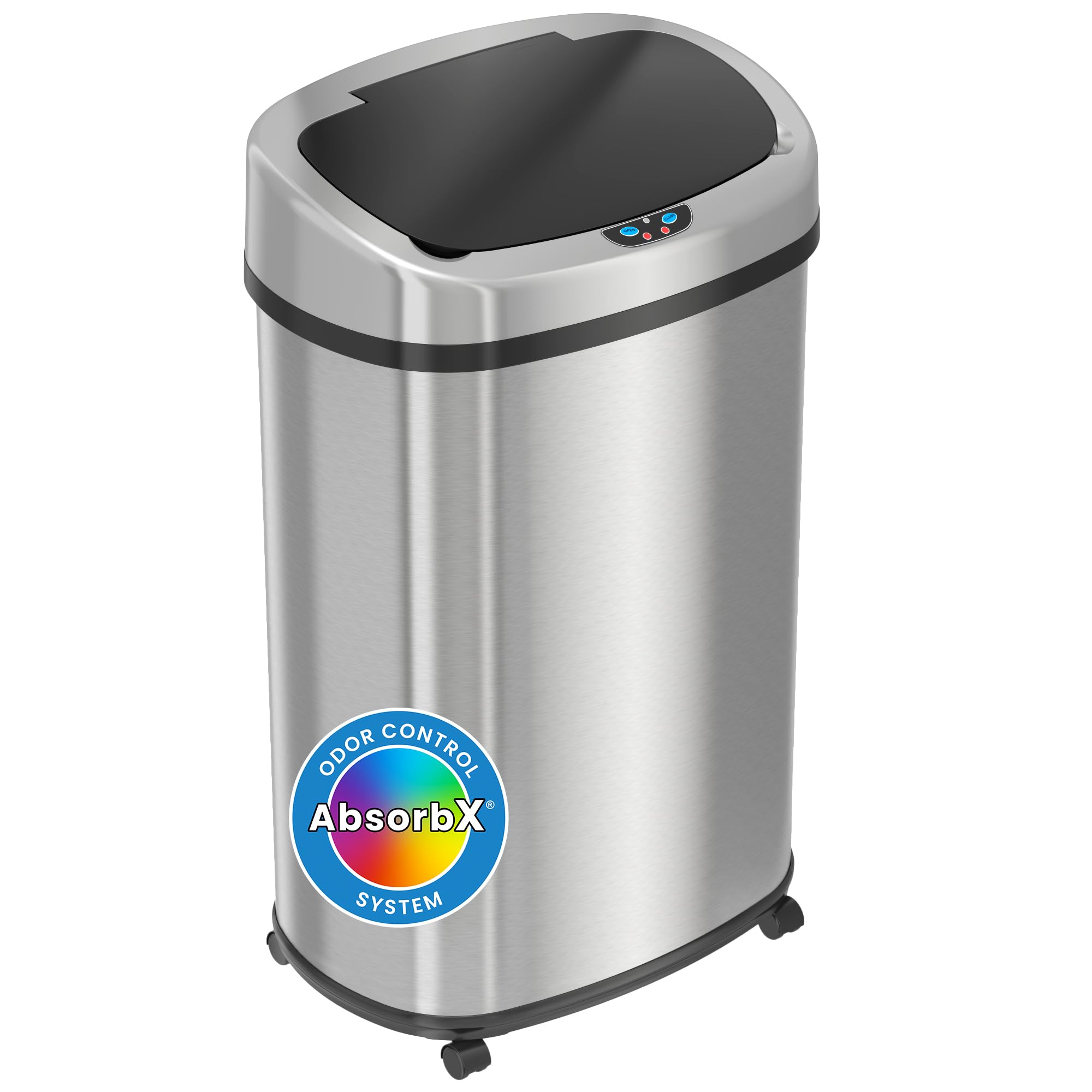 iTouchless Glide 13 Gallon Sensor Trash Can with Wheels and Odor Control System, Stainless Steel, Oval Shape Automatic Kitchen a