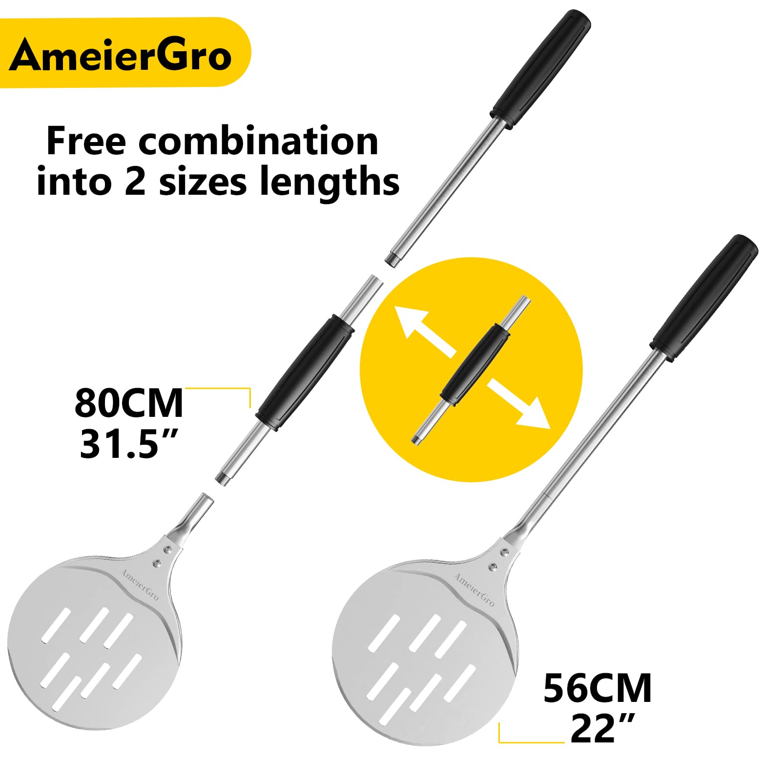 Ameiergro Pizza Turning Peel, Perforated Pizza Peel Turner, Adjustable Long Handle Pizza Spatula, Pizza Paddle Harden Anodizing,