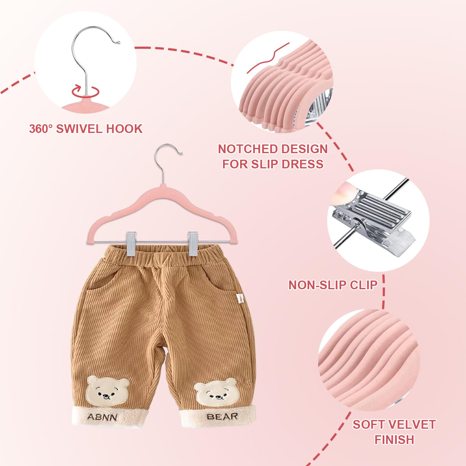 Wellong Baby Clothes Hangers With Clips, 14 Packs Kids Velvet Clothes Hangers, Heavy-Duty Childrens Hangers, Storage Organizer C