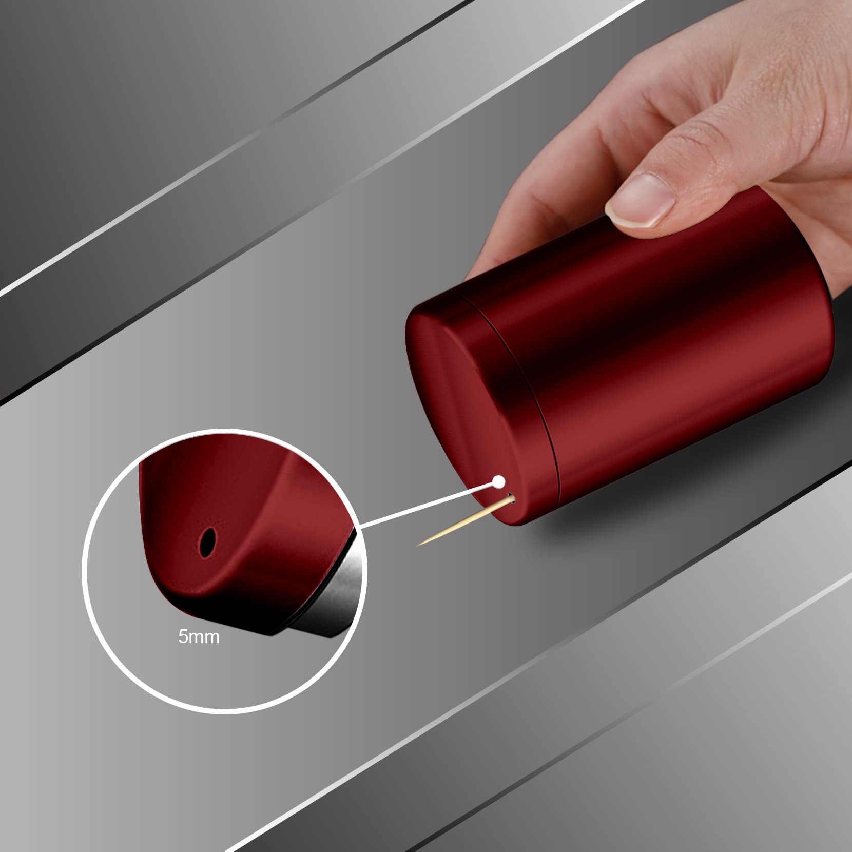 Toothpick Holder  Stainless Steel Metal Wine Red Toothpick Dispenser  Tooth Picks Lot Container Storage Novelty Box with 500 Pieces Round Bamboo Toothpicks Wood for Teeth and Home Kitchen Gifts