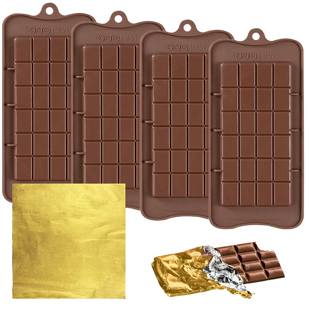 4 Pcs Chocolate Molds With 100 Gold Foil Wrappers, Finegood Non-Stick Chocolate Bar Molds Chocolate Bar Maker Break-Apart Silico