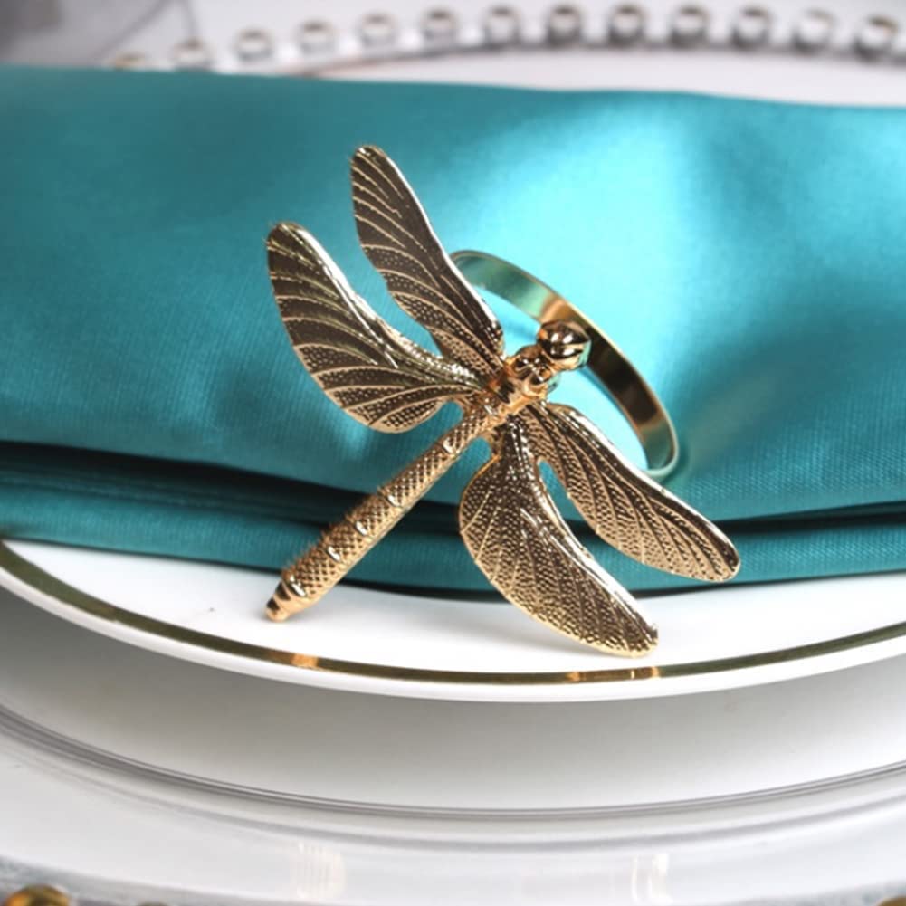 Cpellesse 6 Pcs Gold Napkin Ring Dragonfly Napkin Rings Holders Insect Napkin Rings Buckle For Thanksgiving,Christmas, Family Ga