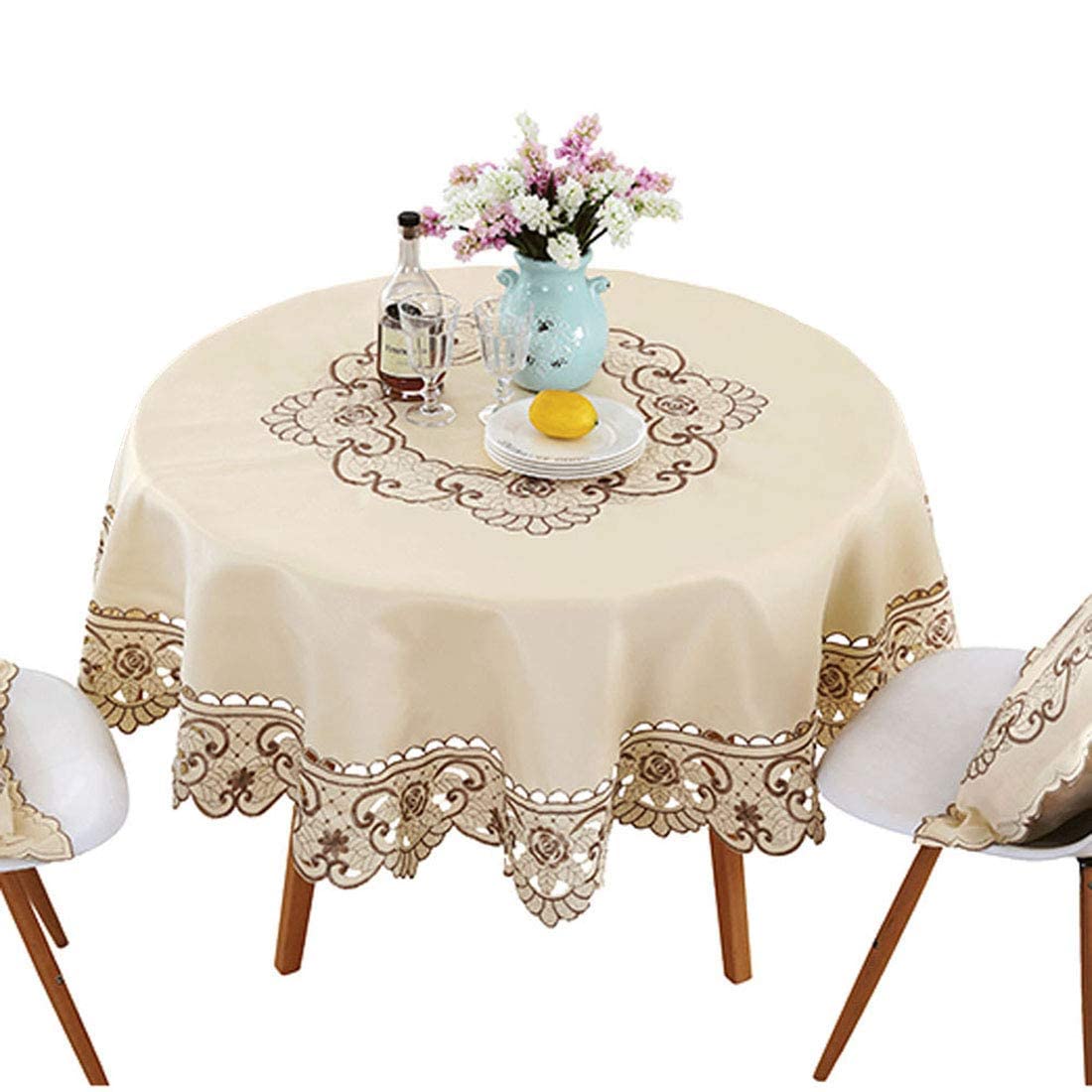 Lelehome 86'' Round Brown Flowers Embroidered Classic Lace Tablecloth, Vintage Beige Large Table Cloth Cover For Round Kitchen D
