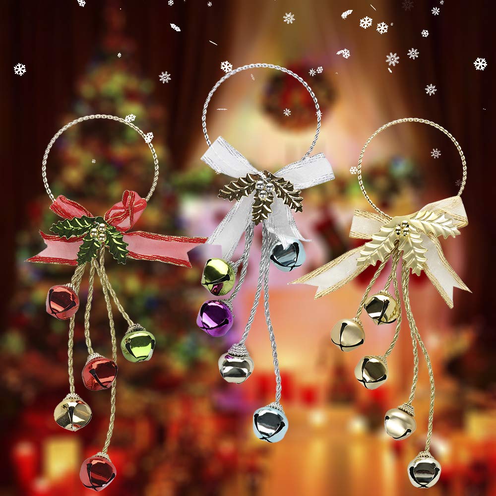 RTWAY 13.2'' Christmas Door Hangers Set of 3 Jingle Bell Door Hanger with Bow for Christmas Decorations