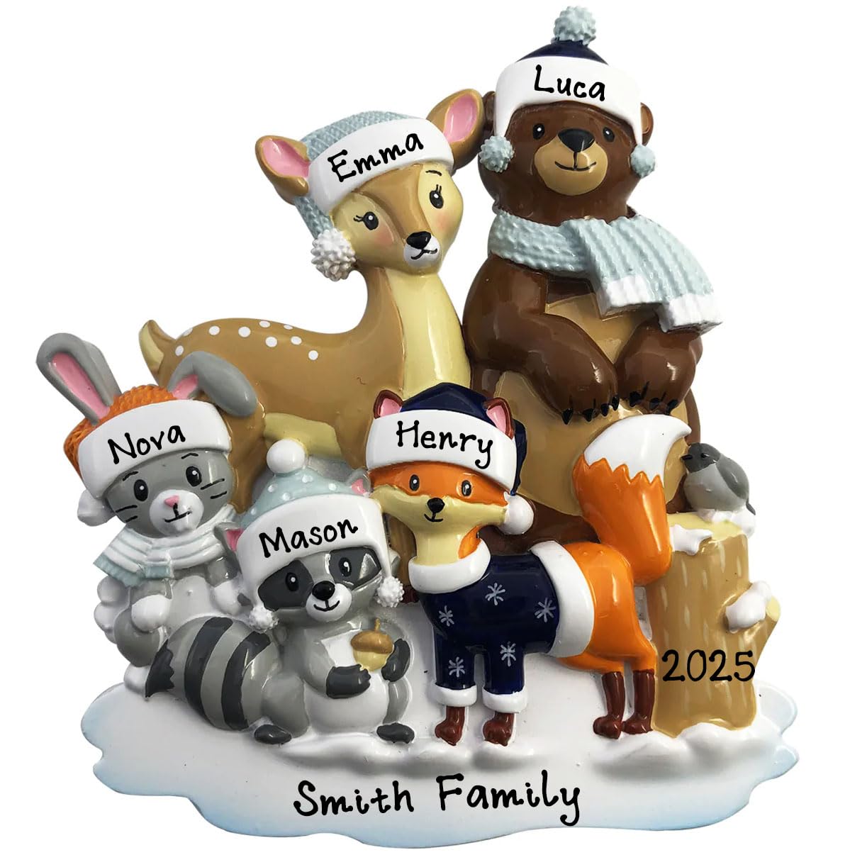 2025 Family of 5 Personalized Christmas Tree Hanging Ornament - Hand Customized Woodland Zoo Animals Fox Reindeer Bear Bunny Rac