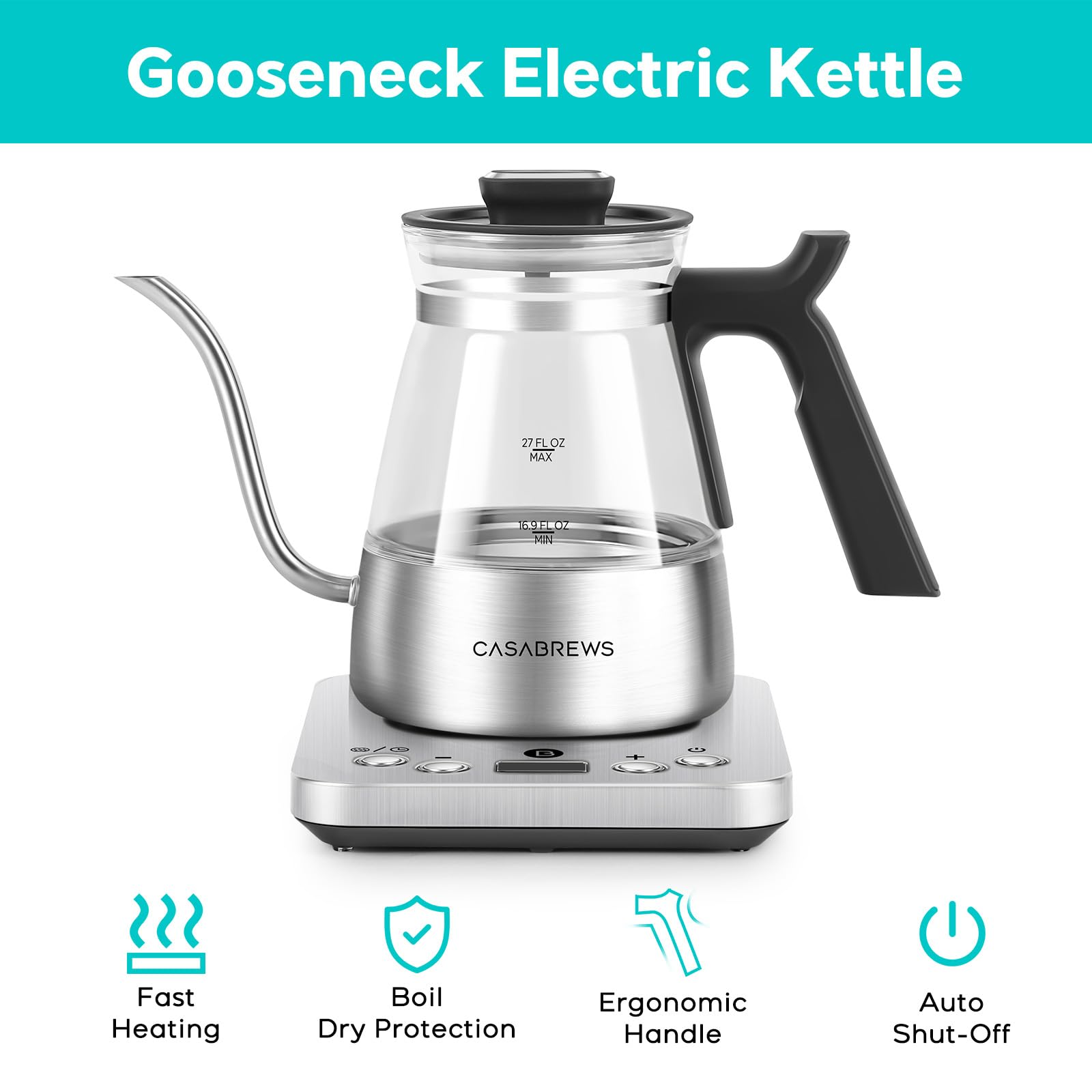 Casabrews Gooseneck Electric Kettle, Stainless Steel Glass Kettle With Temperature Control & Reservation Time Function, Pour Ove