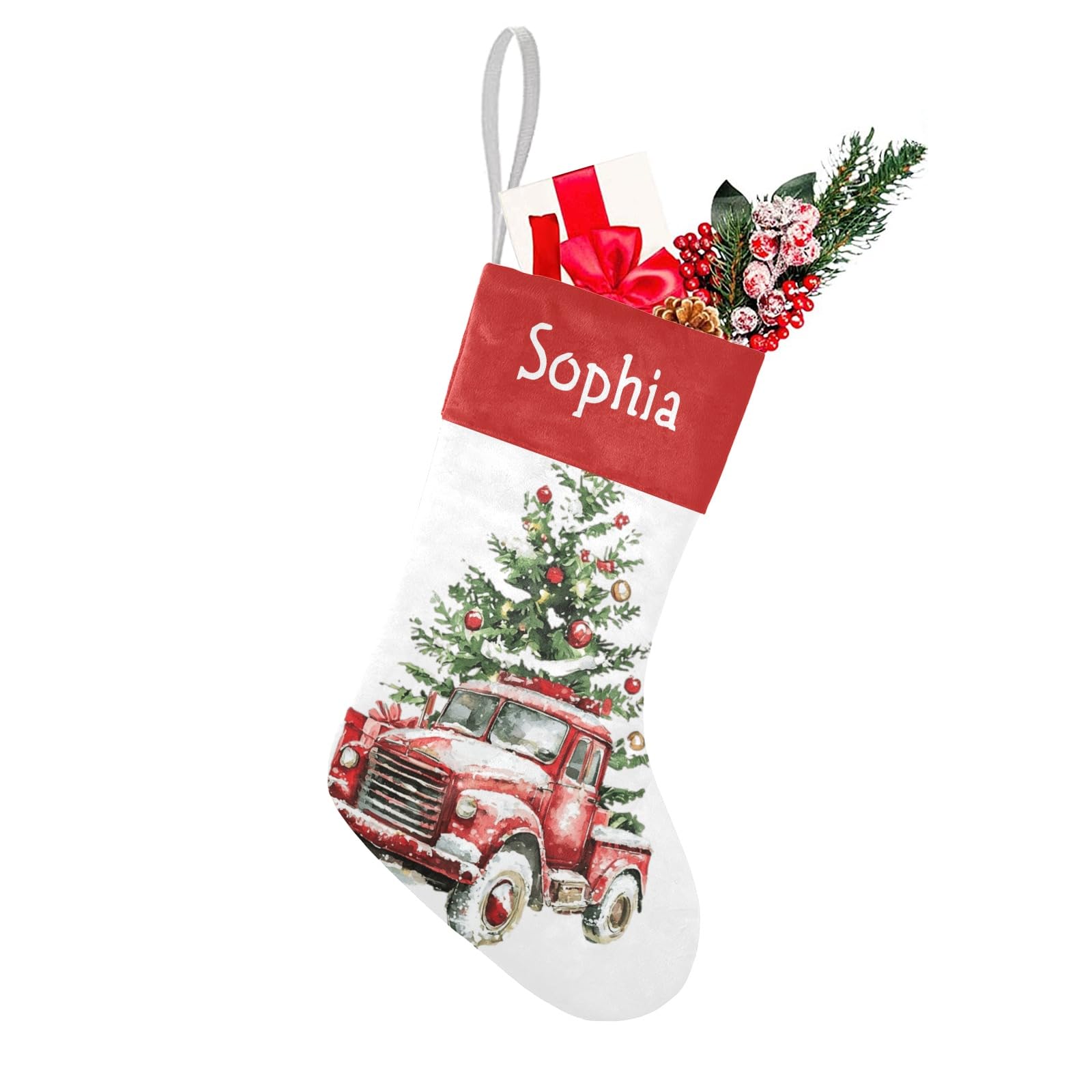 Personalized Name Christmas Trucks with Tree Christmas Stockings Text Custom Xmas Holiday Pup Dog Gift Decor 17.52 x 7.87 Inch
