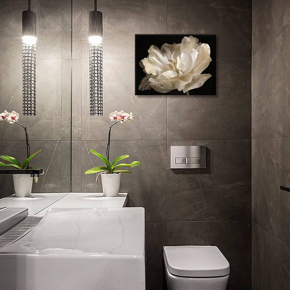 Black Bathroom Decor - White Tulip on Black Background Modern Canvas Wall Art Bathroom Decor Wall Art Black Decor Bathroom Pictures Black and White Wall Art Artwork for Home Walls Framed 12x16inch
