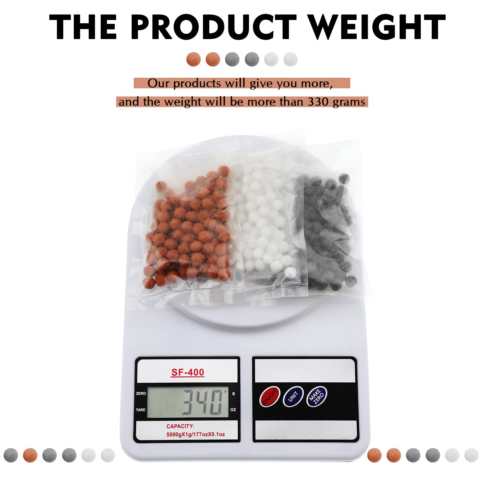 Replacement Anion Mineral Bead Stone Ball  3 Bag Purifying Water Mineral Stone Bead  Filtration Stone Bead Ball for Filtered Shower Head  Orange Gray White 3 Kinds  Diameter 7-8 mm(330 Grams)