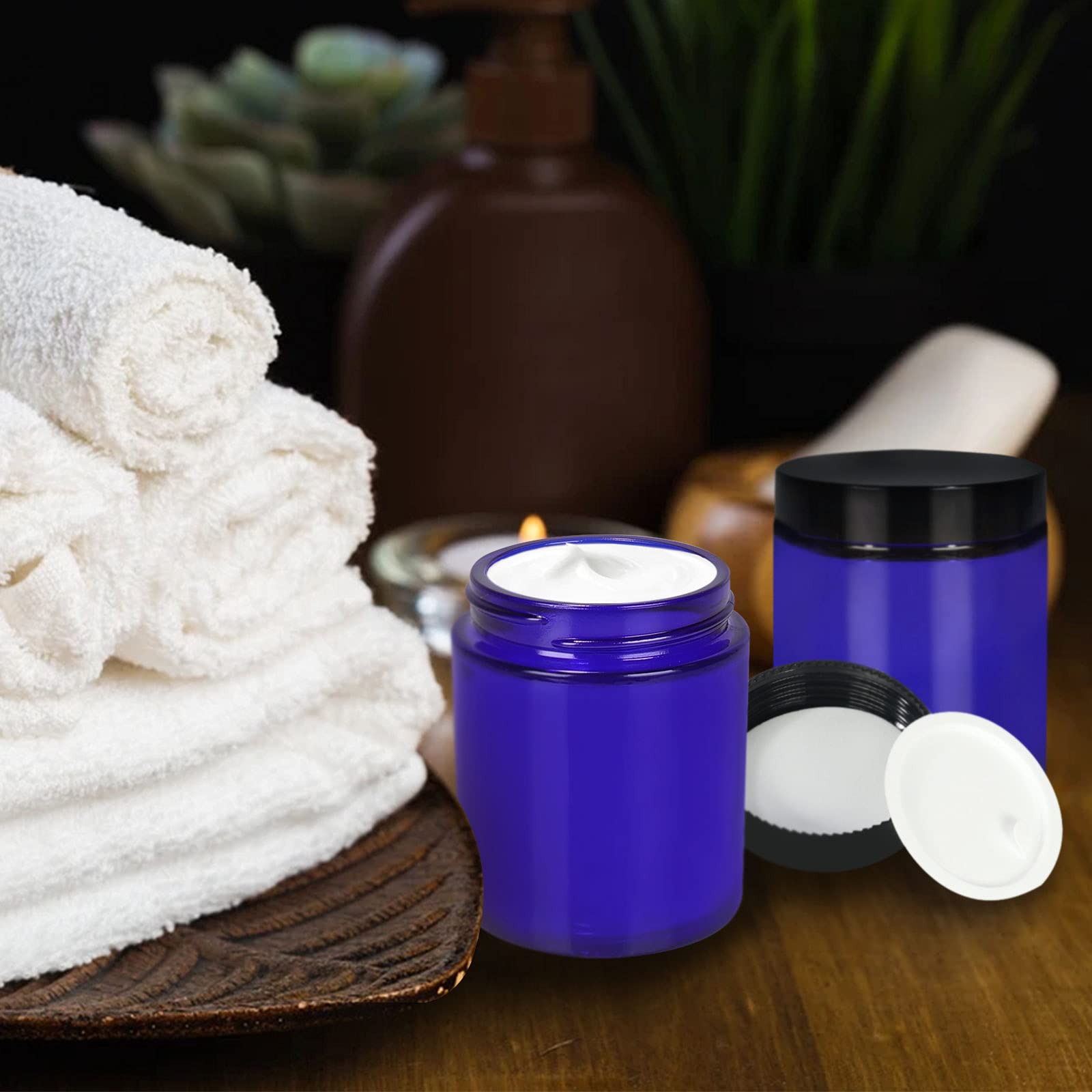 8 Oz Blue Glass Jars With Black Plastic Lids, 24 Pack 240Ml Round Empty Candle Jars Cosmetic Jars Food Storage Containers, Canni