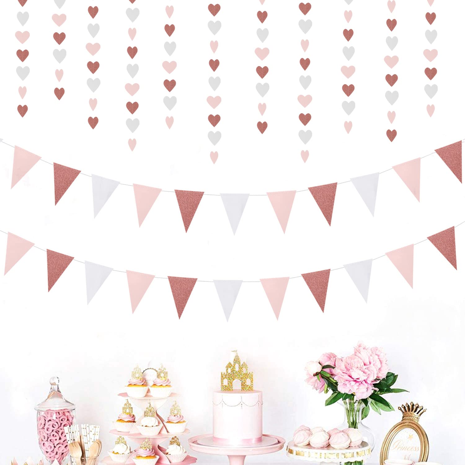 Rose-Gold Pink Party-Decorations Heart Garland Streamers - 52Ft Bachelorette Engagement Hanging Paper Banner,Valentines Day Brid