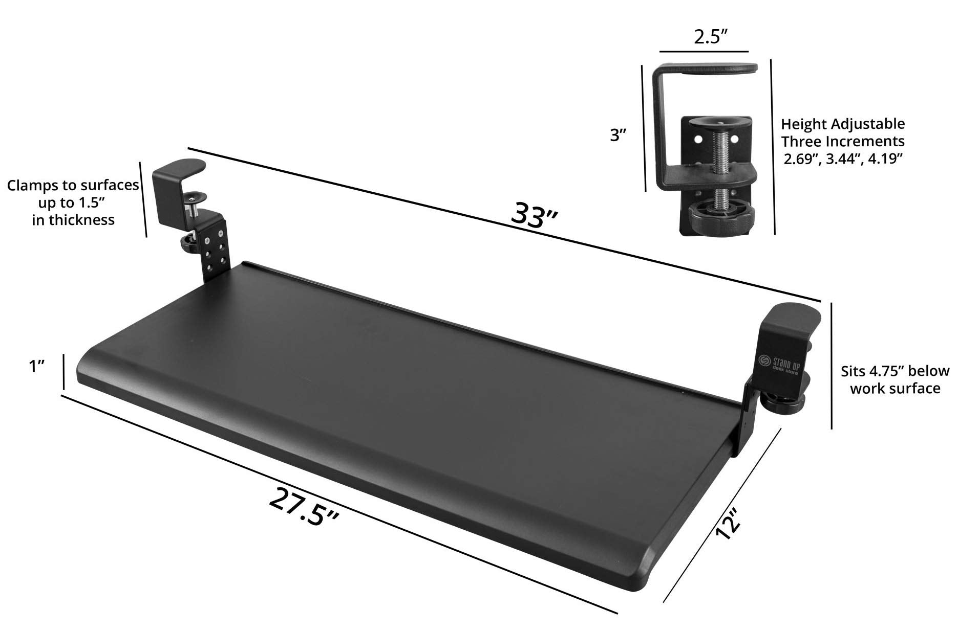 Stand Up Desk Store Large Clamp-On Retractable Adjustable Height Under Desk Keyboard Tray  For Desks Up To 15 (Large, 33 Wide)