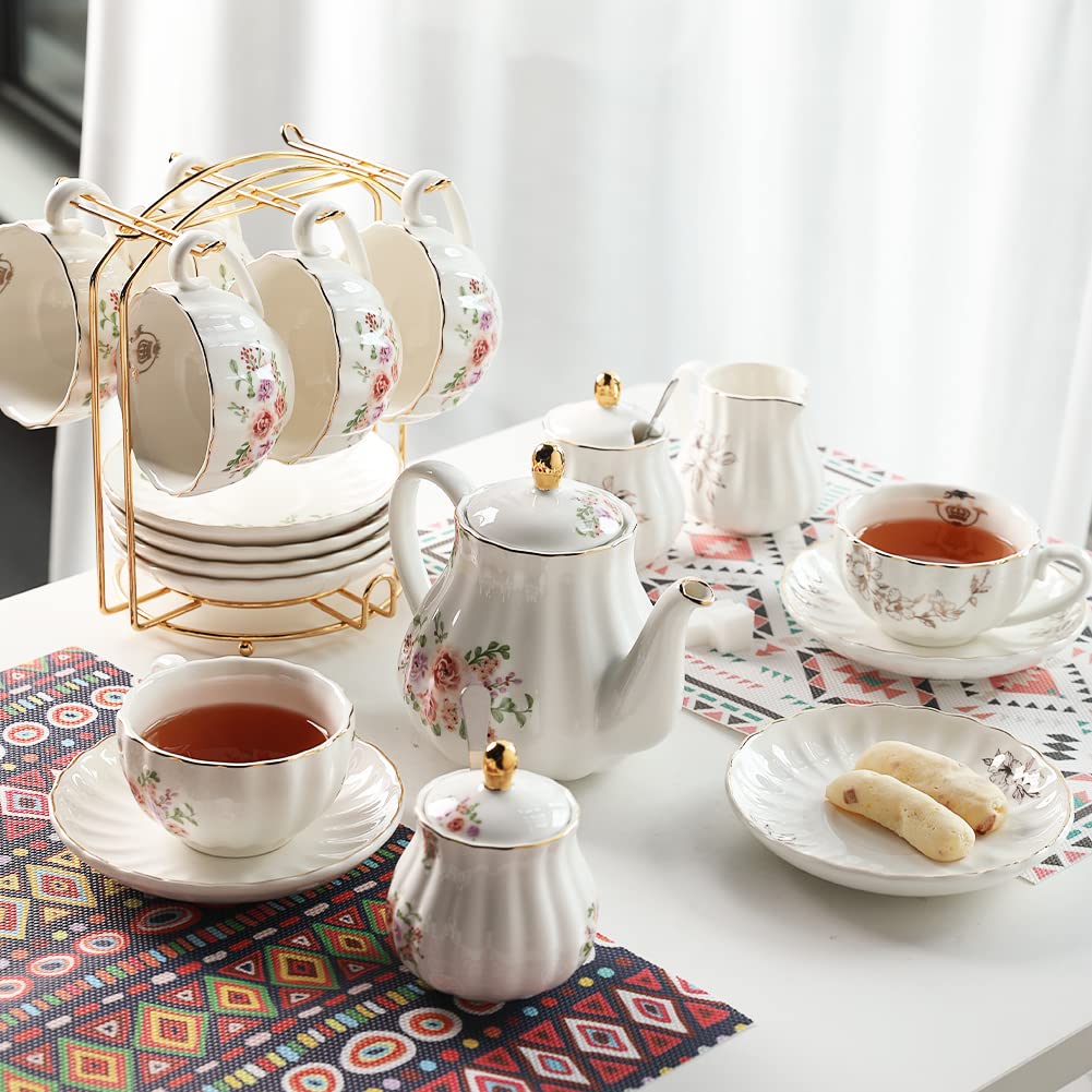 Porcelain Tea Sets British Royal Series, 8 Oz Cups & Saucer Service For 6, With Teapot Sugar Bowl Cream Pitcher Teaspoons And Te