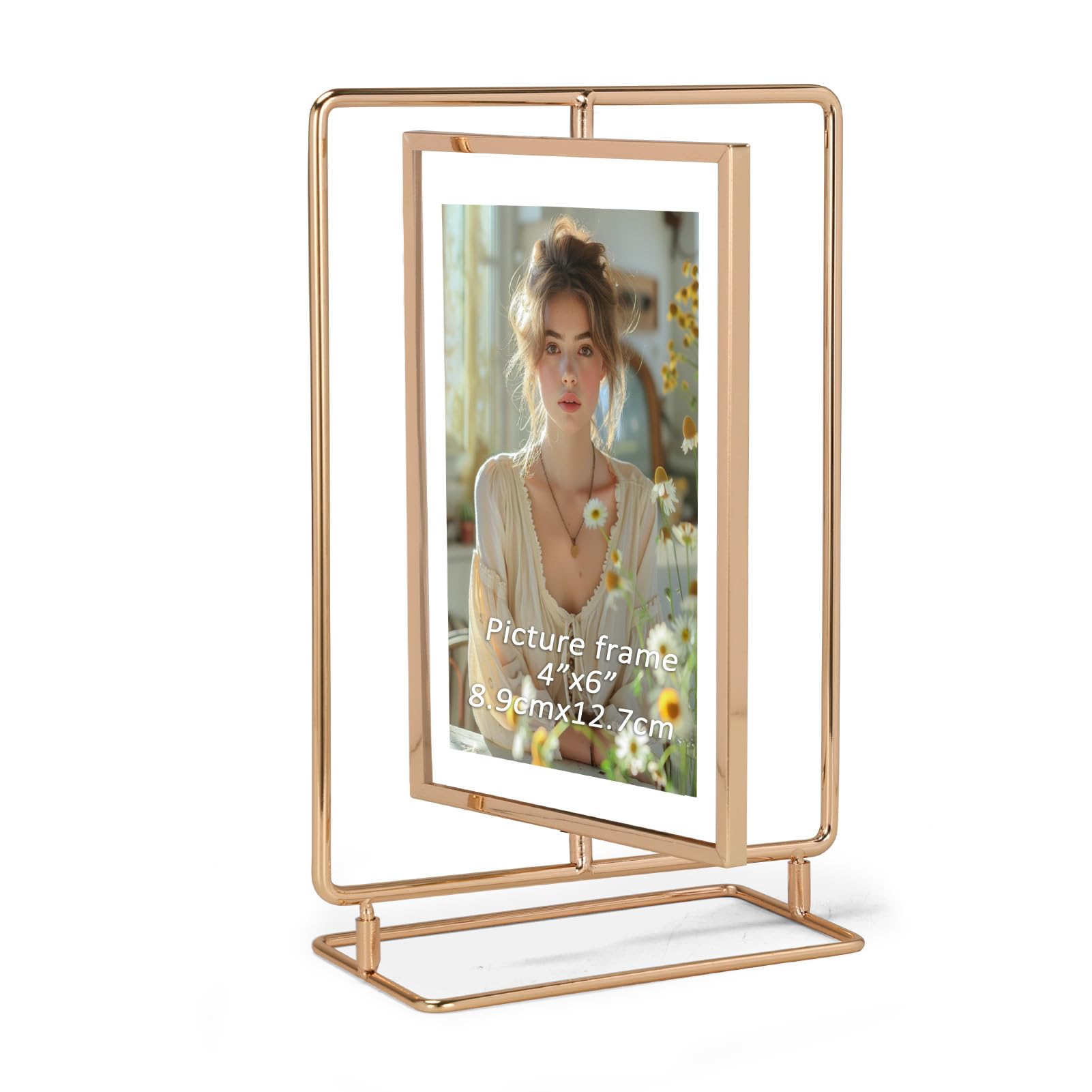 Lyeasw Rotating Picture Frame for 4x6 Picture, Gold Standing Double Sided 4x6 Floating Picture Frame for Vertical Table Display,