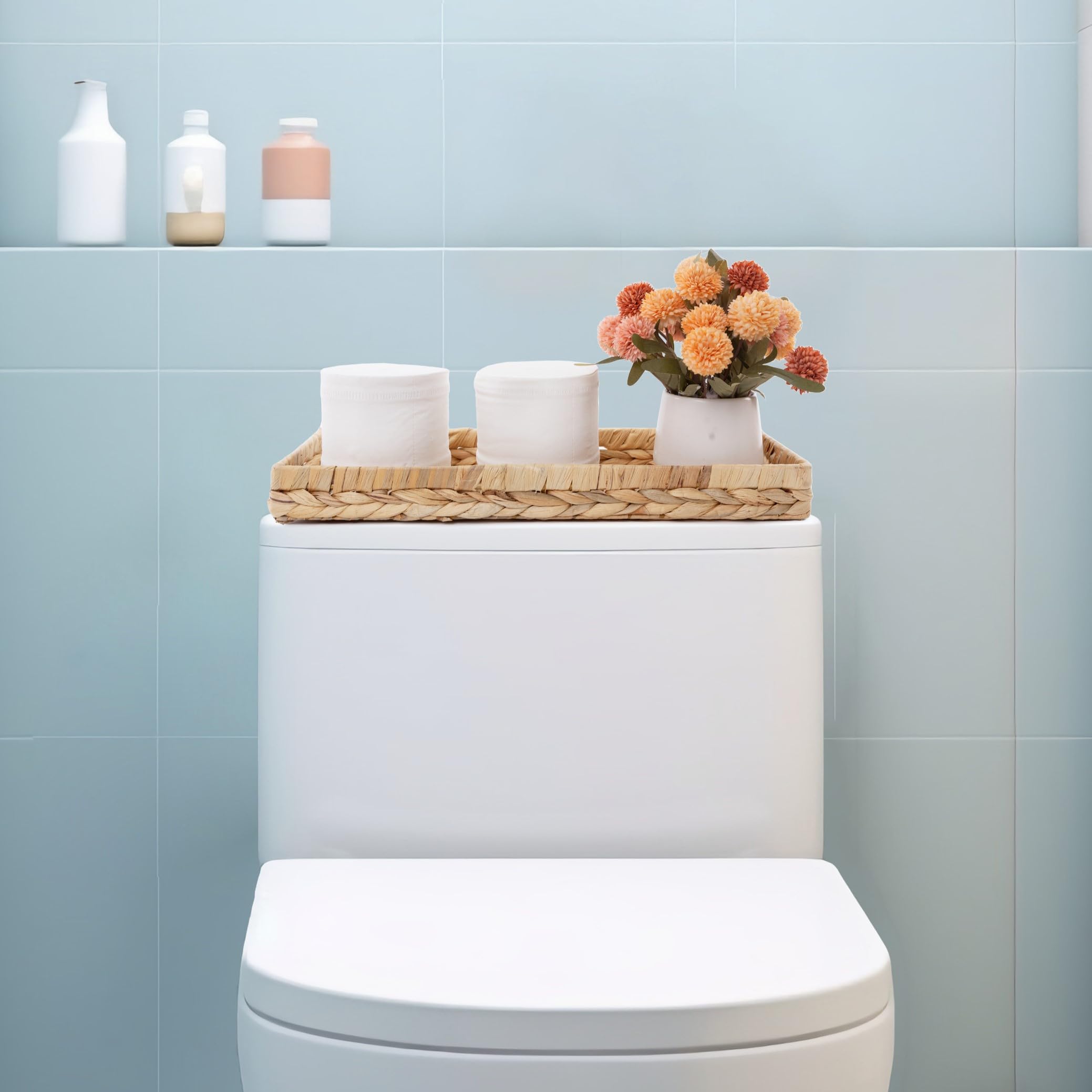 Wicker Toilet Tank Basket, 16 Inch Toilet Tank Tray For Bathroom Long Back Of Toilet Tray Vanity Tray Set For Bathroom Counterto