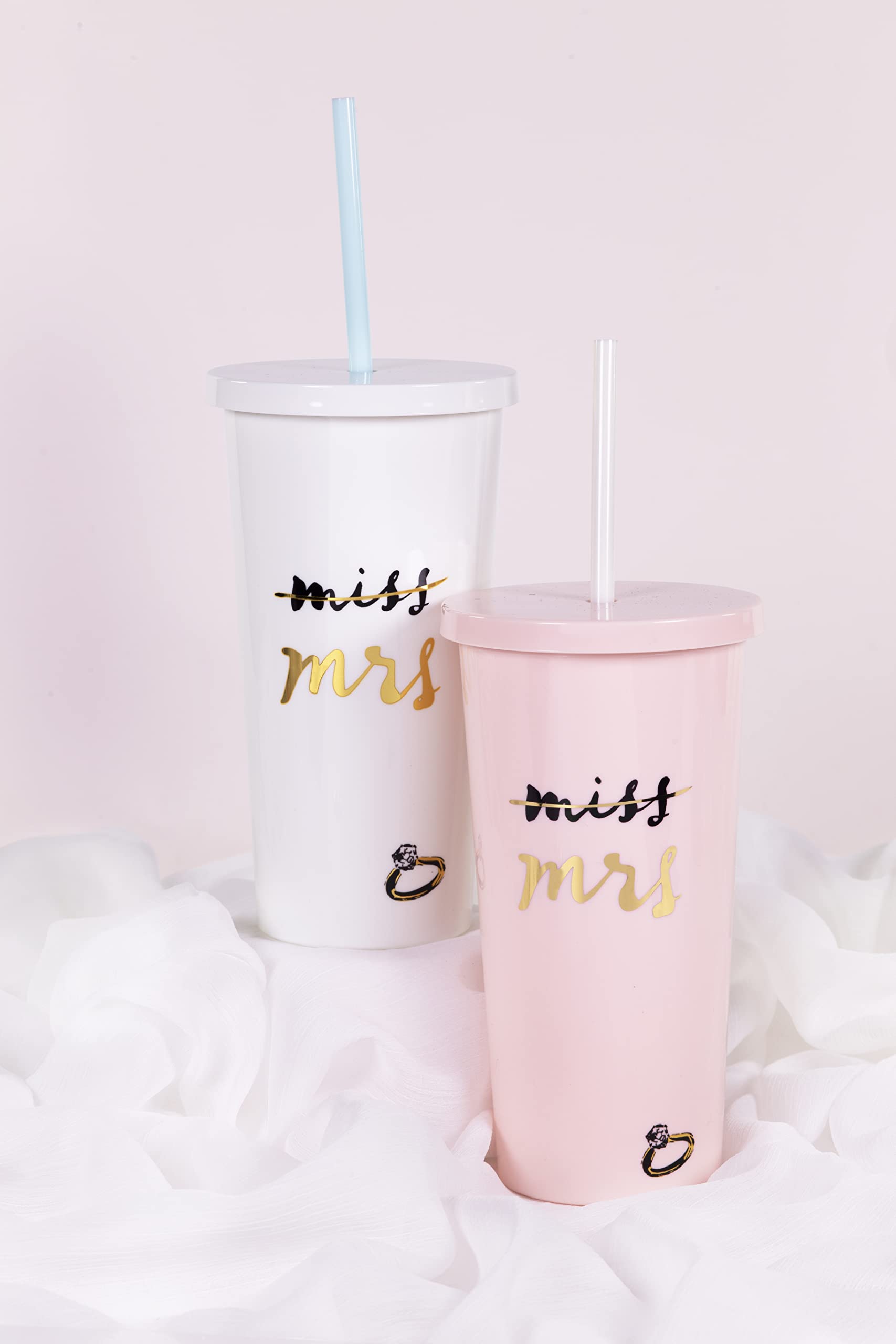 Kate Spade New York Bridal Insulated Tumbler With Reusable Straw, 20 Ounces, Miss To Mrs. (White)