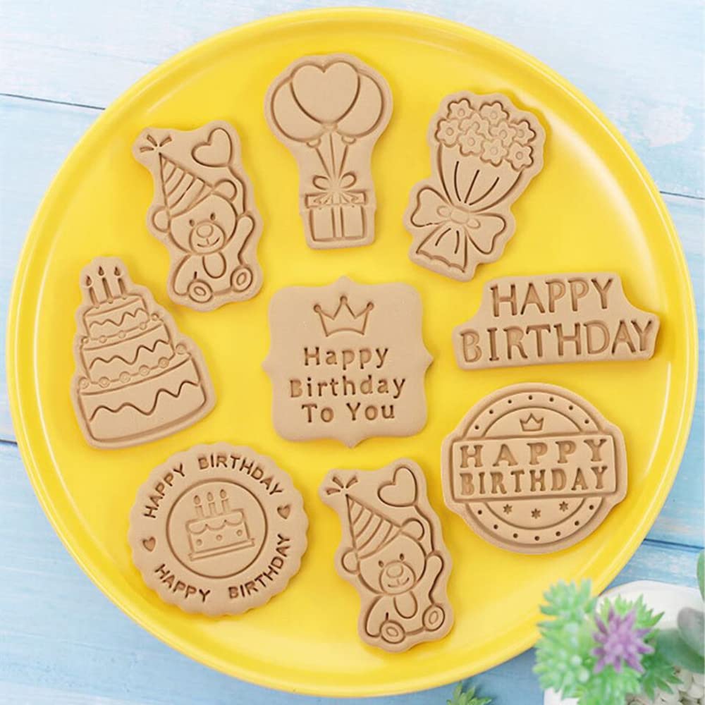 Happy Birthday Cookie Cutters,3D Birthday Cookie Press Cookie Moulds For Baking, Cookie Mould Press Birthday Cookie Mould Set Ki