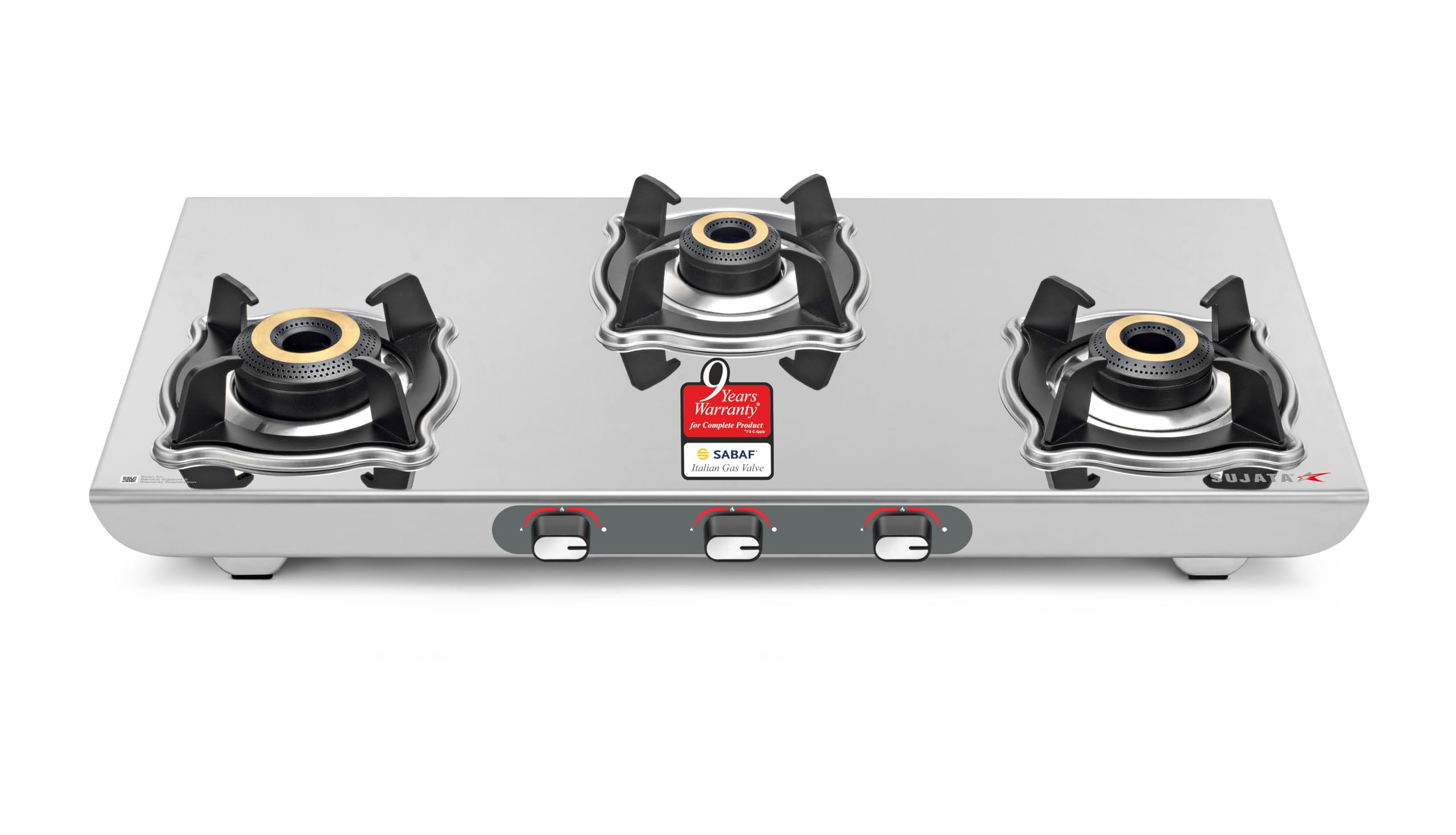 Sujata Majestic Manual Ignition Gas Stove | 9 Years Warranty | Stove 3 Burner, Gas Stove 3 Burners Steel, Sabaf, Isi Certified, 