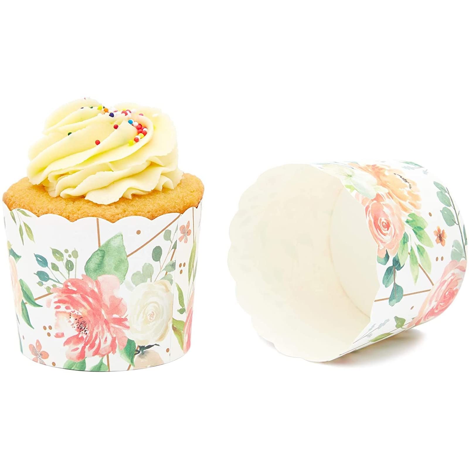 50 Pack Floral Cupcake Wrappers For Wedding, Watercolor Flower Paper Baking Cups And Muffin Liners For Garden Tea Parties, Bakin