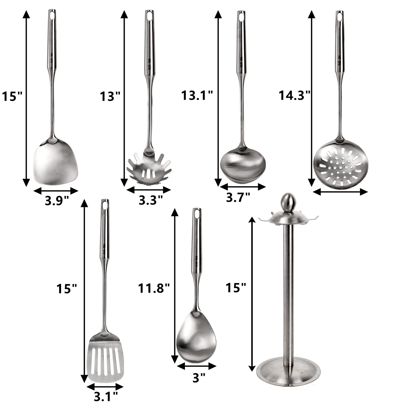 Peohud Set Of 7 Kitchen Utensil Set, 304 Stainless Steel Cooking Tools, Cookware Set With Rotating Holder, Slotted Spoon, Slotte