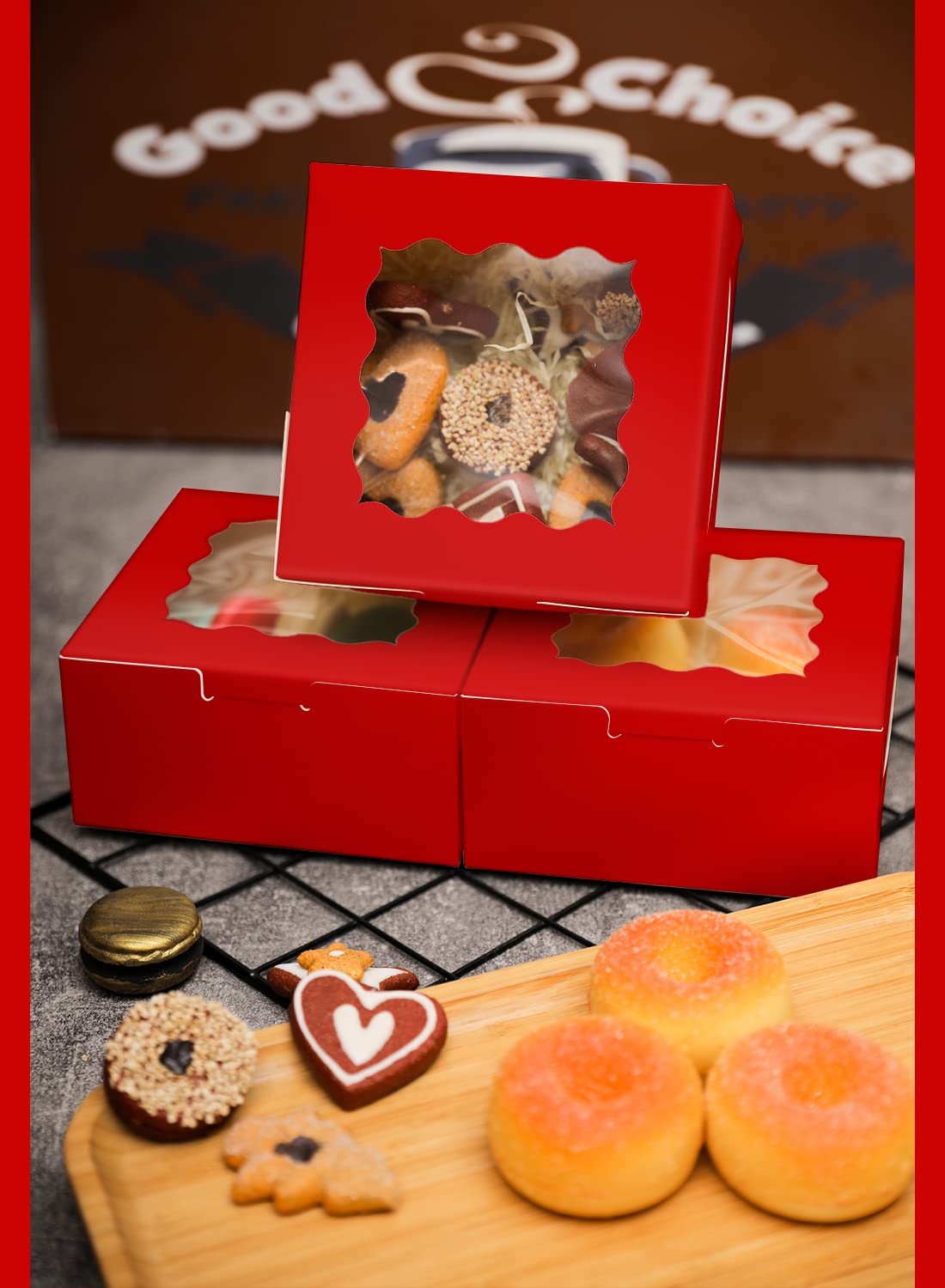 60Pcs Red Bakery Boxes With Window 6X6X3 Inches Thick & Sturdy Macaroon Pastry Boxes Cookie Boxes For Bakery