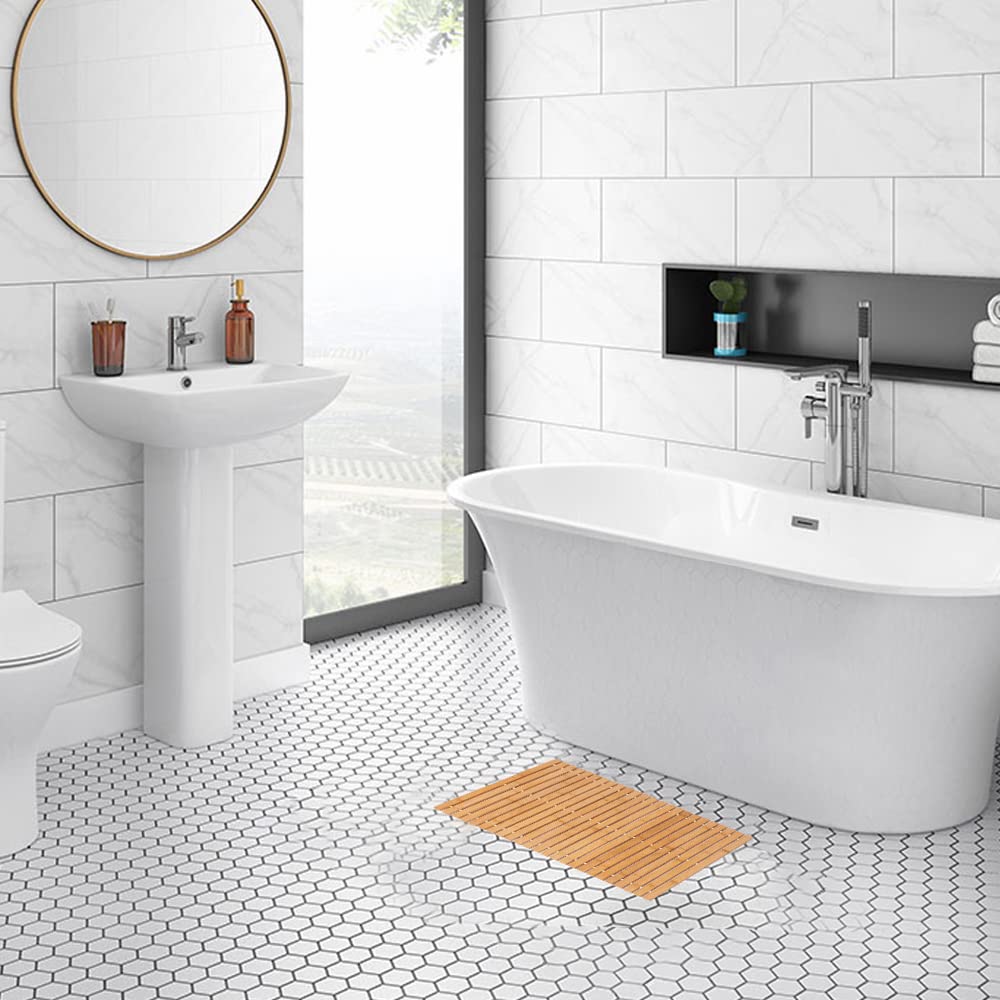 Bamboo Bath Mat Bathroom Rugs Floor Wood Shower Bathtub Waterproof Non Slip Natural Bamboo Accessories 16X24 Inch Easy To Clean,