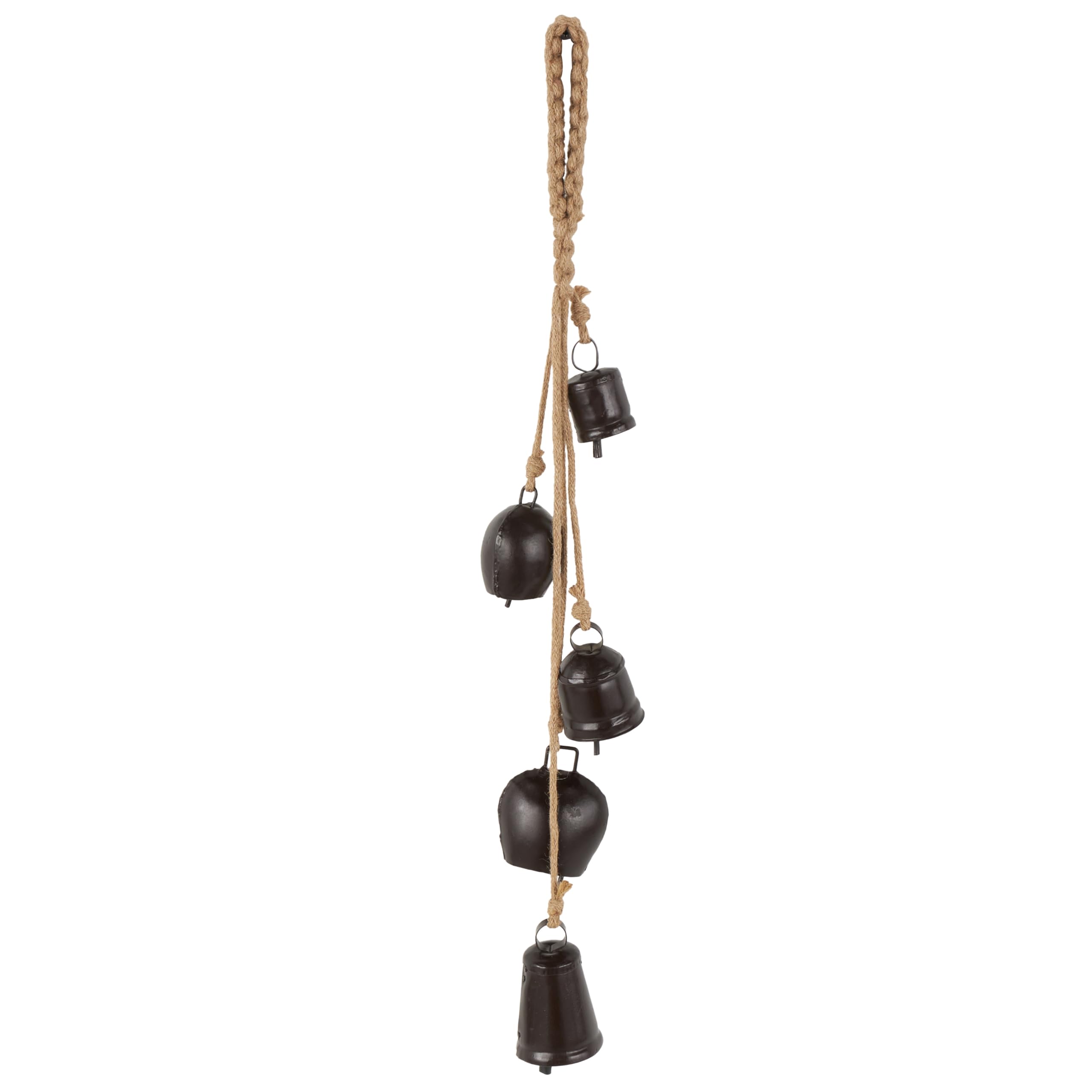 Deco 79 Metal Indoor Outdoor Decorative Cow Bells Meditation Bell with Jute Hanging Rope, Cow Bell 4 x 3 x 22, Black