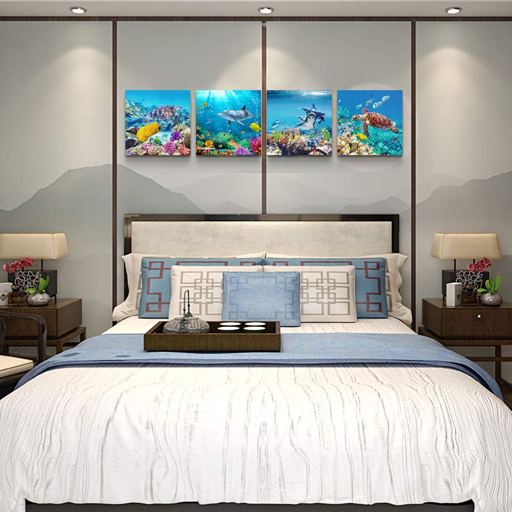 Mhartk66 Canvas Wall Art - Coral And Fish Modern Home Decor Stretched And Framed Ready To Hang Ocean Theme Sea Fish And Sea Turt