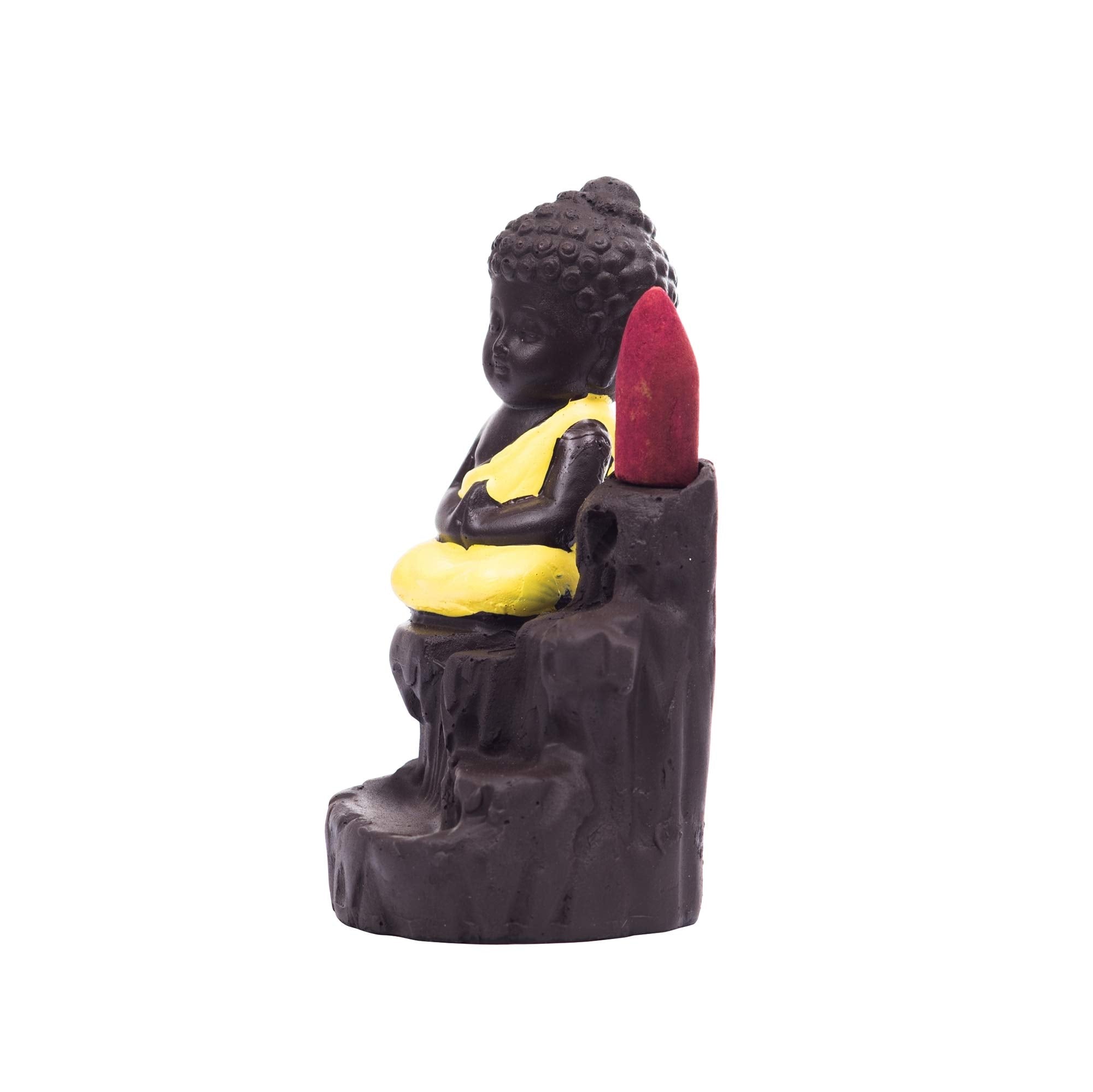 eCraftIndia Meditating Monk Buddha Smoke Backflow Cone Decorative Incense Holder (7 cm x 7 cm x 12, Yellow)
