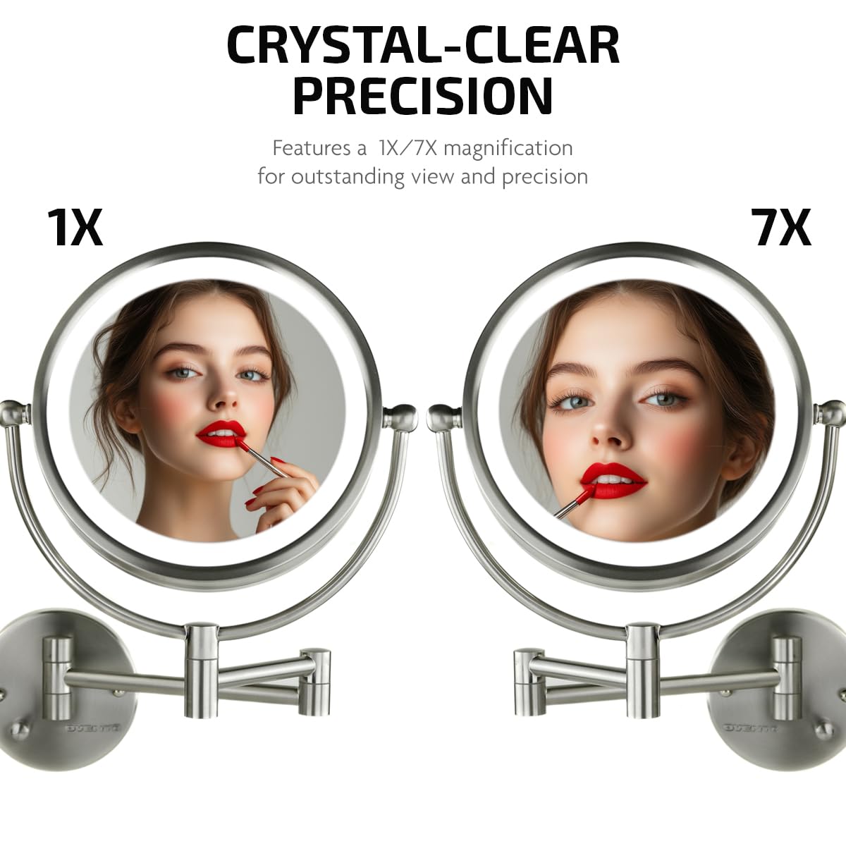 OVENTE 8.5'' Hardwired Lighted Wall Mount Makeup Mirror  1X & 7X Magnifier  Spinning Double Sided Round White LED  Dimmer Switch  Extend & Fold  Retractable Arm  Nickel Brushed MPWD3185BR1X7X