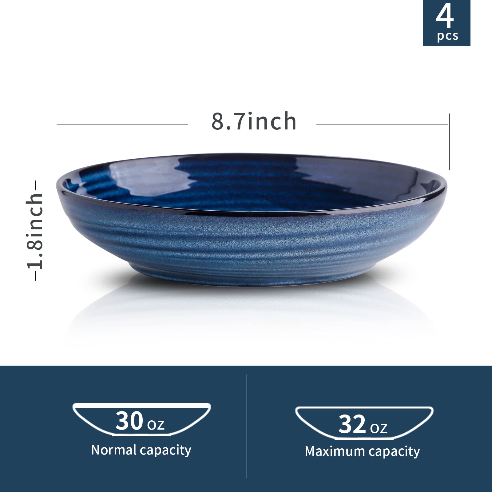 Hasense Ceramic Pasta Bowls Set Of 4, 32 Ounce Salad Serving Bowls For Kitchen, 8.7 Inch Large Shallow Bowls For Pasta Salad Din