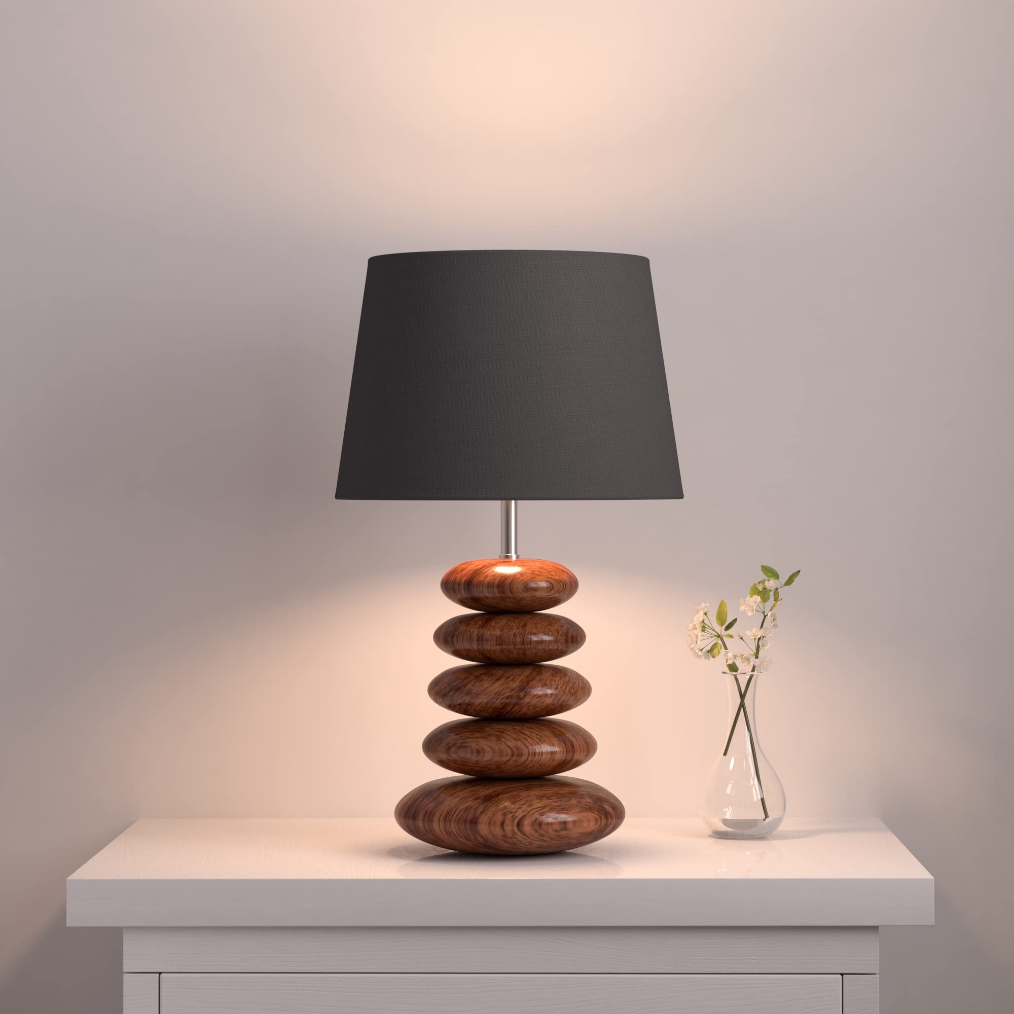 Divine Trends Wood Pebble Table Lamp 19 Inches Height With 10 Inches Diameter Black Lamp Shade For Bedroom, Bedside, Living Room