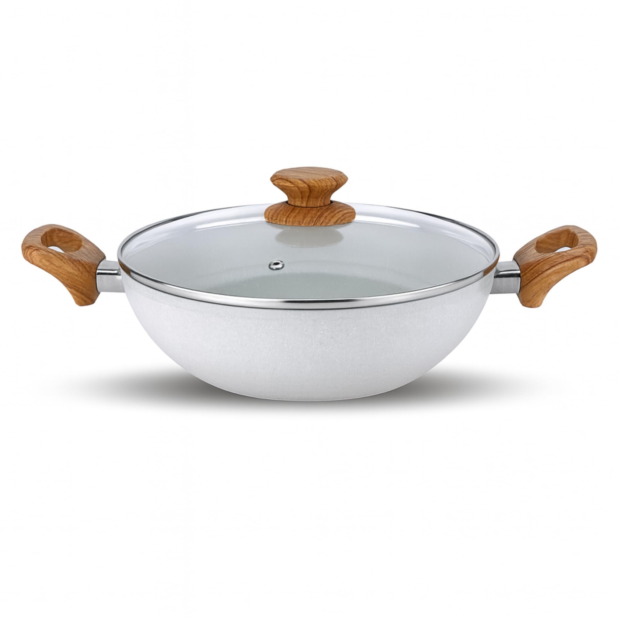 Salford Forged Nonstick Finish Kadai Induction Compatible (3.2L) With Glass Lid And Wooden Handle (White, 260Mm)