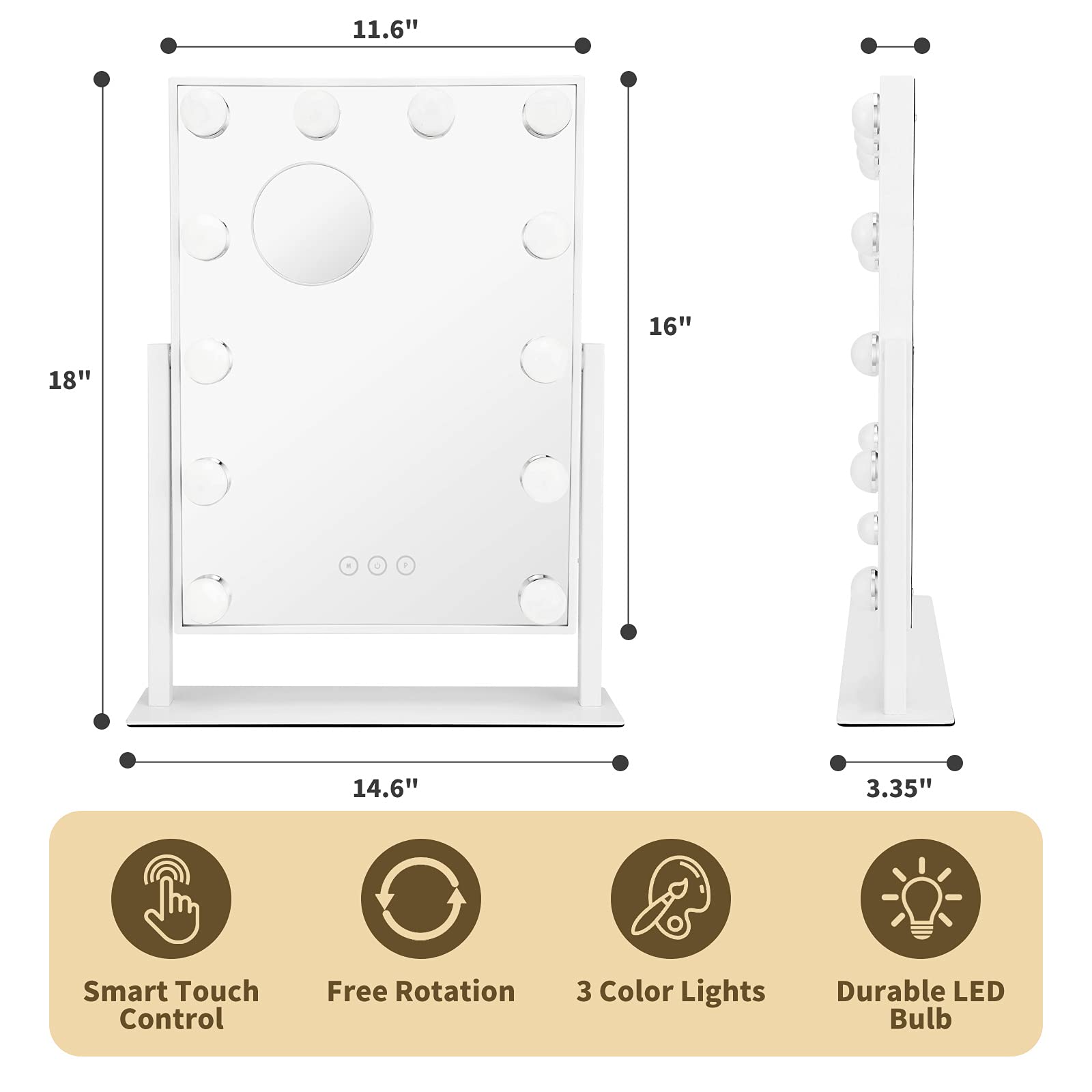 Nusvan Vanity Makeup Mirror With Lights,3 Color Lighting Modes Detachable 10X Magnification Mirror Touch Control,360Rotation, Wh