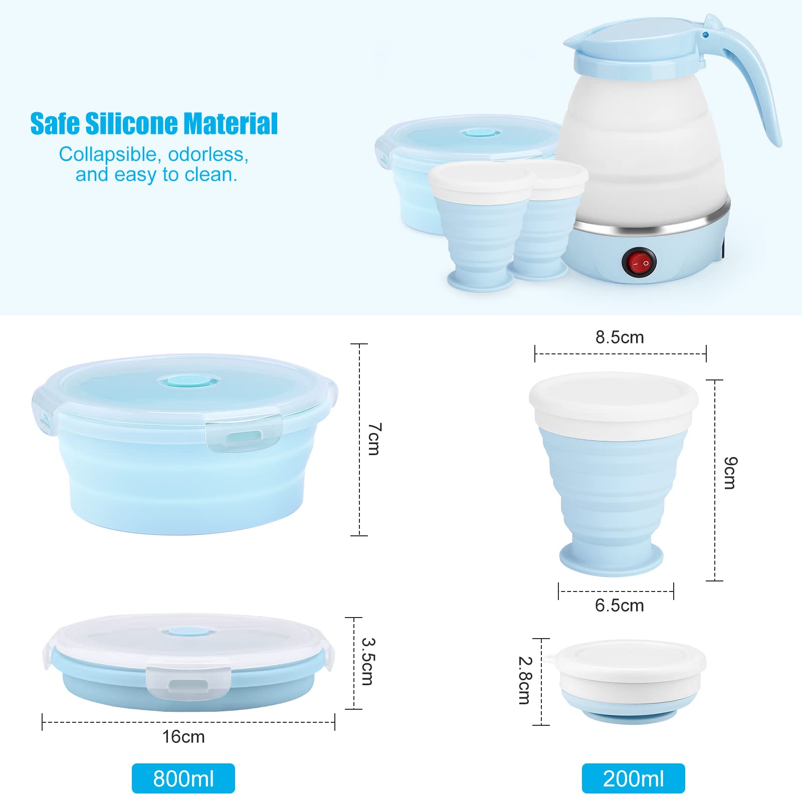 Travel Foldable Electric Kettle  Collapsible Portable Kettle for Fast Water Boiling Tea Coffee  with 1 Collapsible Bowl and 2 Collapsible Cups  Food Grade Silicon  600ML 110V