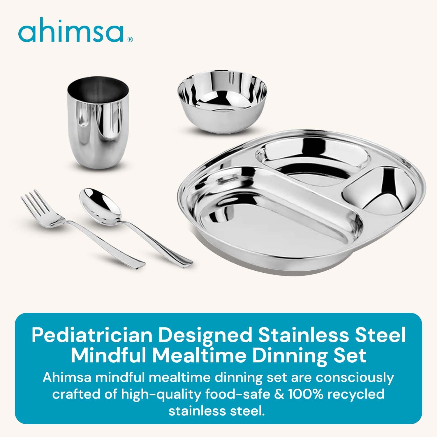 Ahimsa Stainless Steel 5 Piece Dinnerware Set - BPA Free, Pediatrician Designed, Mindful Mealtime Set - Classic Steel