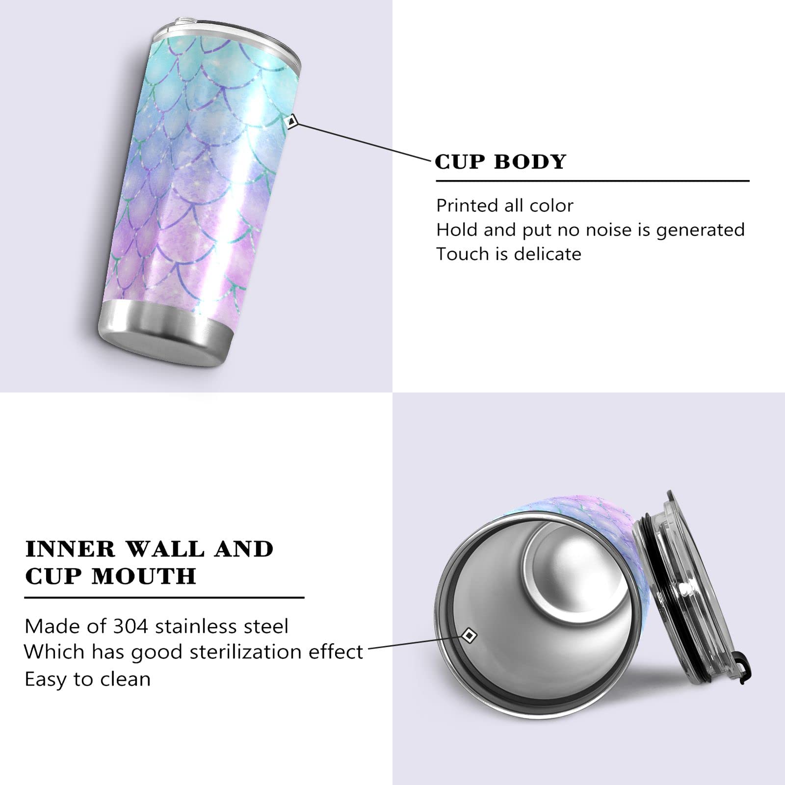 Cataku 20Oz Mermaid Scales Purple Tumbler Cup With Lid And Straw Stainless Steel Vacuum Insulated Double Wall Travel Coffee Mug