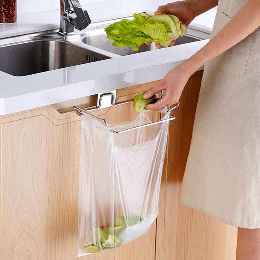 Meiloi Trash Bag Holder For Cupboards Kitchen Cabinet Door, Stainless Steel Portable Garbage Bins