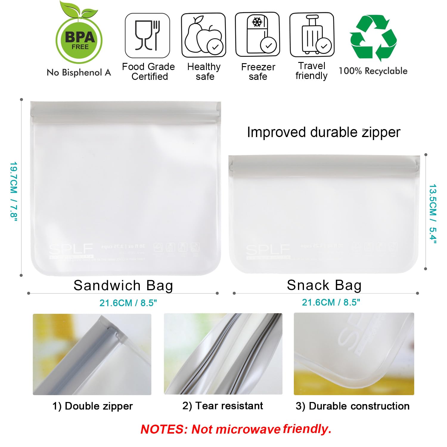 SPLF 10 Pack Reusable Sandwich Bags Dishwasher Safe, Reusable Quart Freezer Bags, Extra Thick Leakproof Food Storage Bags Silico