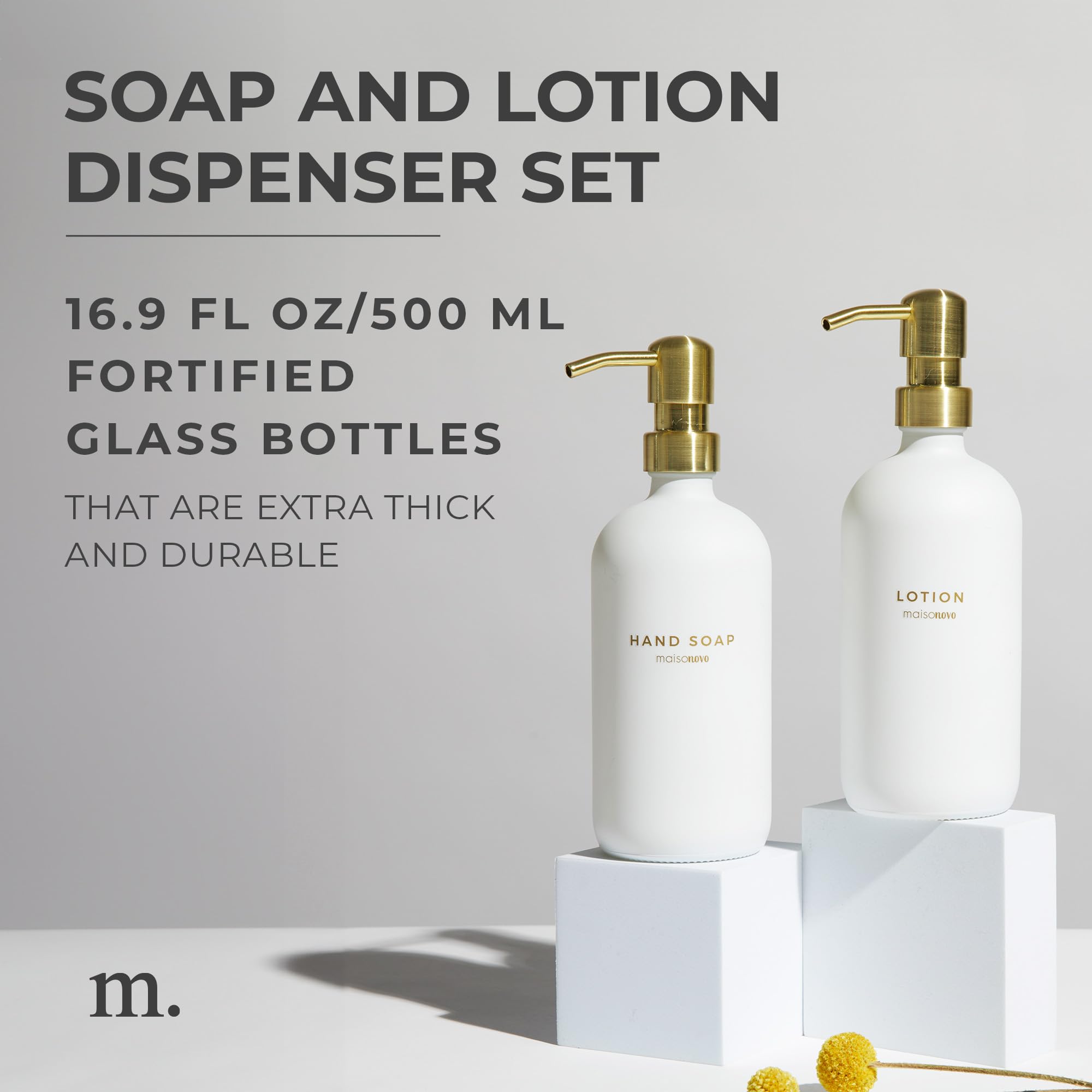Maisonovo Bathroom Soap And Lotion Dispenser Set | 16.9 Fl Oz White Glass Gold Pumps X 2