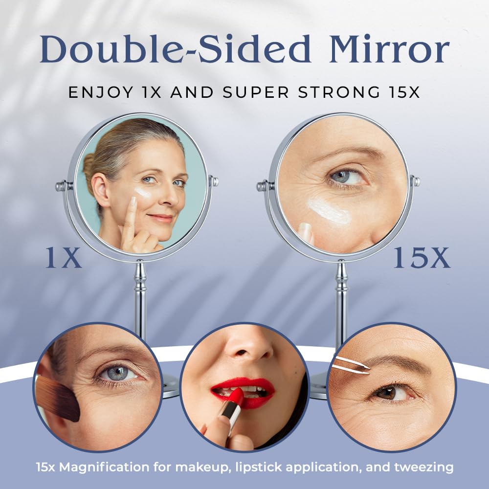 Mirrorvana 15X Magnifying Makeup Mirror With Stand - Double-Sided 15X/1X Design - Suitable For Vanity Desk, Dressing Table, Or B