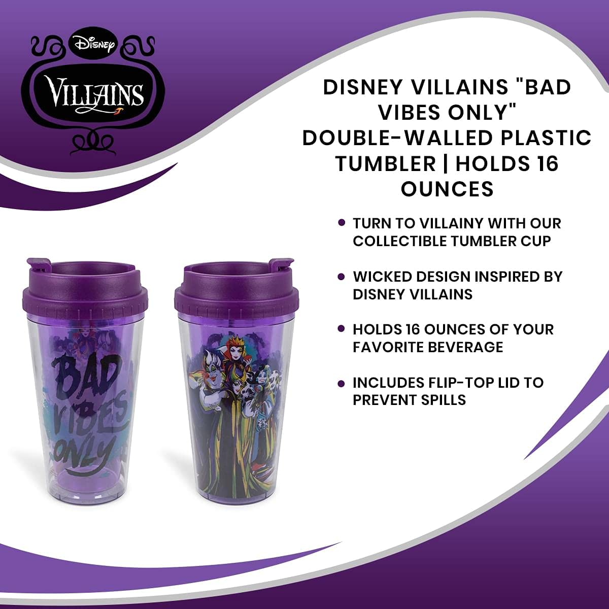 Disney Villains ''Bad Vibes Only'' Double-Walled Plastic Tumbler | Holds 16 Ounces