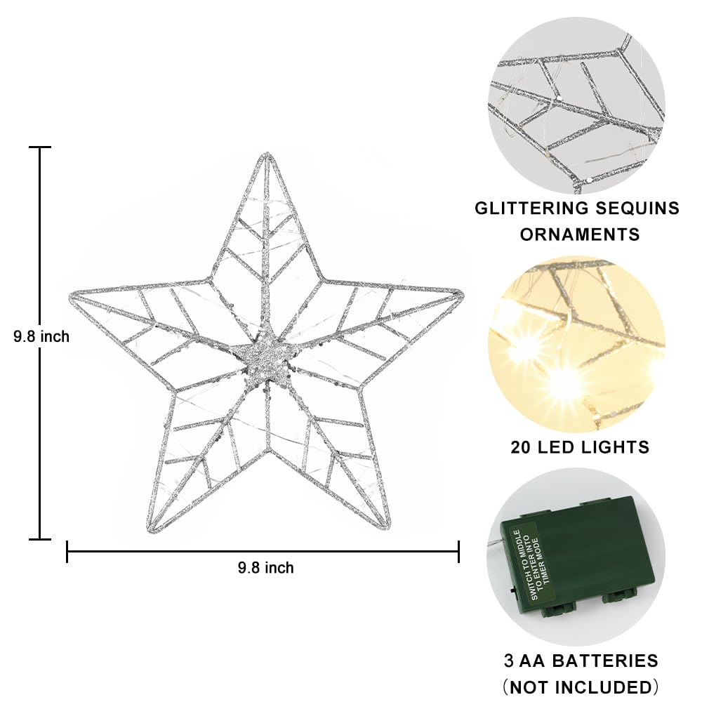 YEAHOME Christmas Tree Topper, Silver Glittered Hollow 5-Point Star Tree Topper for Christmas Tree Decorations, Lighted Wire Sta