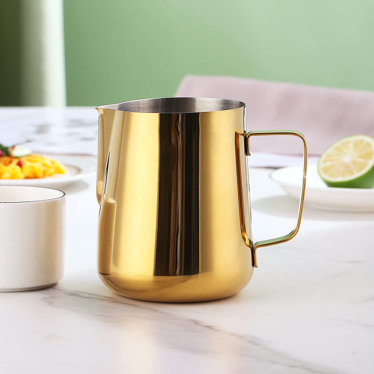 Milk Frothing Pitcher 21oz - 620ml  Kyraton Stainless Steel Espresso Steaming Pitchers with Decorating Pen Milk Coffee Frother Cups Cappuccino Latte Art Barista Steam Pitchers Milk Jug Cup (Gold)