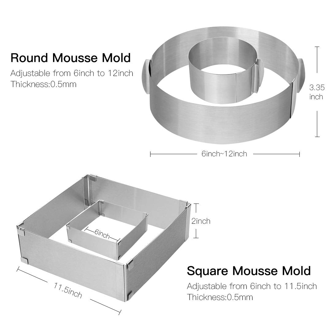Meichu Adjustable Cake Ring 2 Pack, 6 To 12 Inch Stainless Steel Mousse Cake Mold Ring With Scaling For Kitchen Diy Pastry, Squa